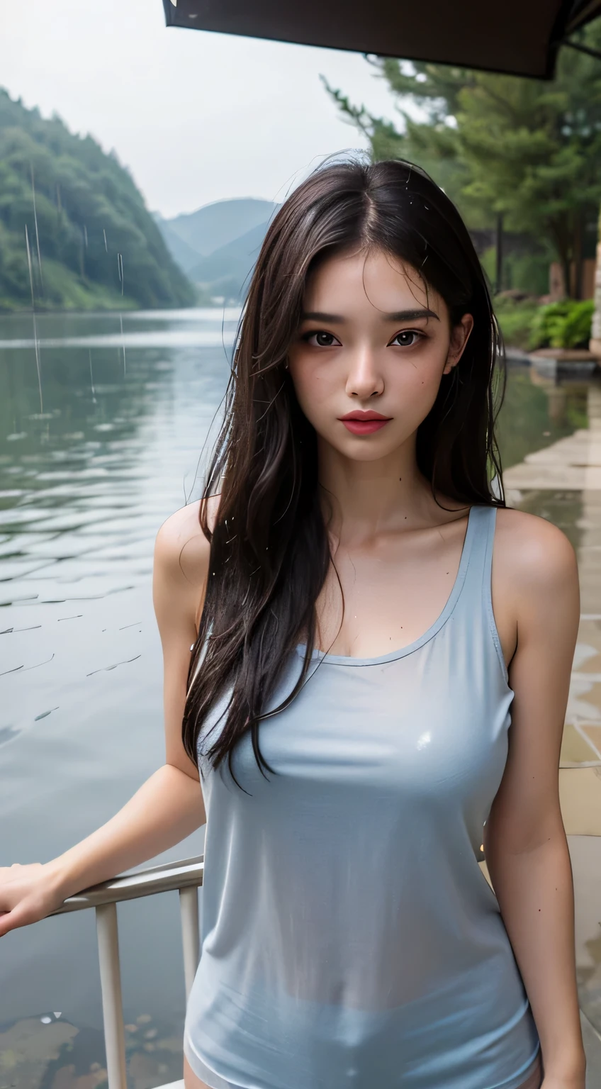 (Highest quality:1.4), Beautiful Face, 8K, Absurd, ((Show your whole body:1.4)),Viola Lace, Gardenia, Delicate girl, alone, Looking at the audience, film grain, chromatic aberration, Sharp focus, Face Light, Professional Lighting, Sophisticated,Standing posture、 (rain、Wet Hair、Wet Face、Wet body:1.5)、(((Wet tight jeans、Wet white tank top、Cleavage)))、(smile:0.4), (Outdoor、Simple Background, Background blur:1.2), Detailed aspect、attractive,(Slightly large chest:1.6)、Brown long hair、bangs