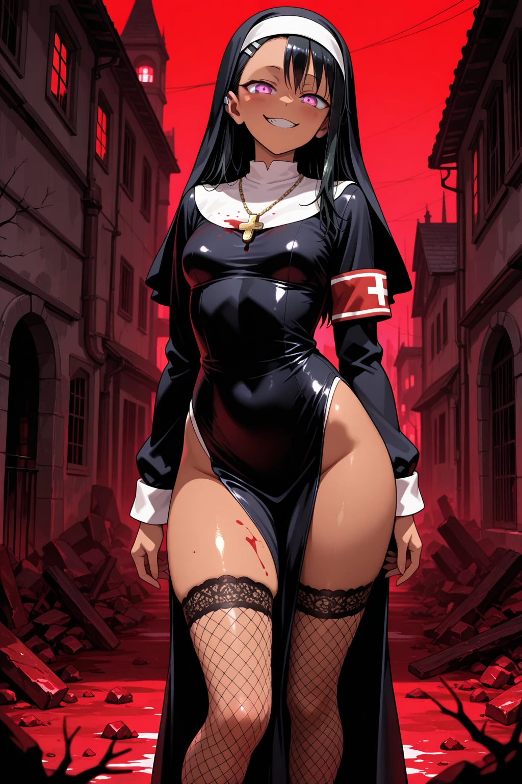 80s style anime girl. Dressed as a dominatrix nun, Smoking a cigarette, dressed in leather, strings on seam of dress,