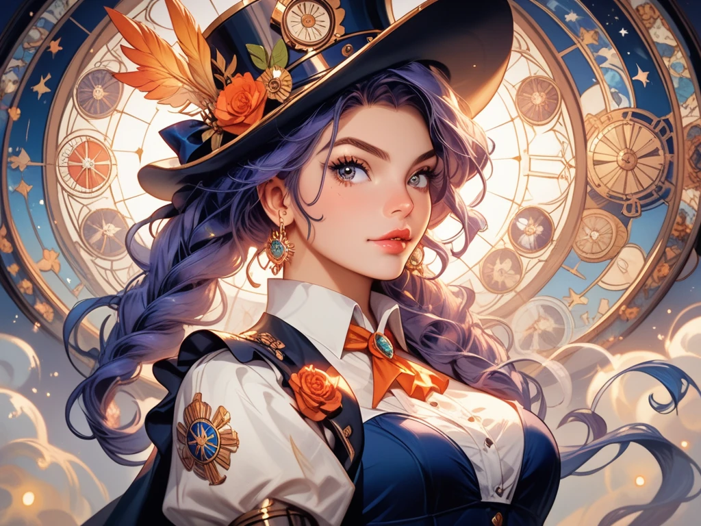 1 mature woman, {{{long blue hair}}}, {{{purple eyes}}}, sleeveless blue and black suit with a top hat, cleavage, playful smile, holding a pocket watch out to viewer, circus arena stage, dim lighting, {best quality.}, {highreaasterpiece.}, {{{medium close up.}}}, {facing viewer}