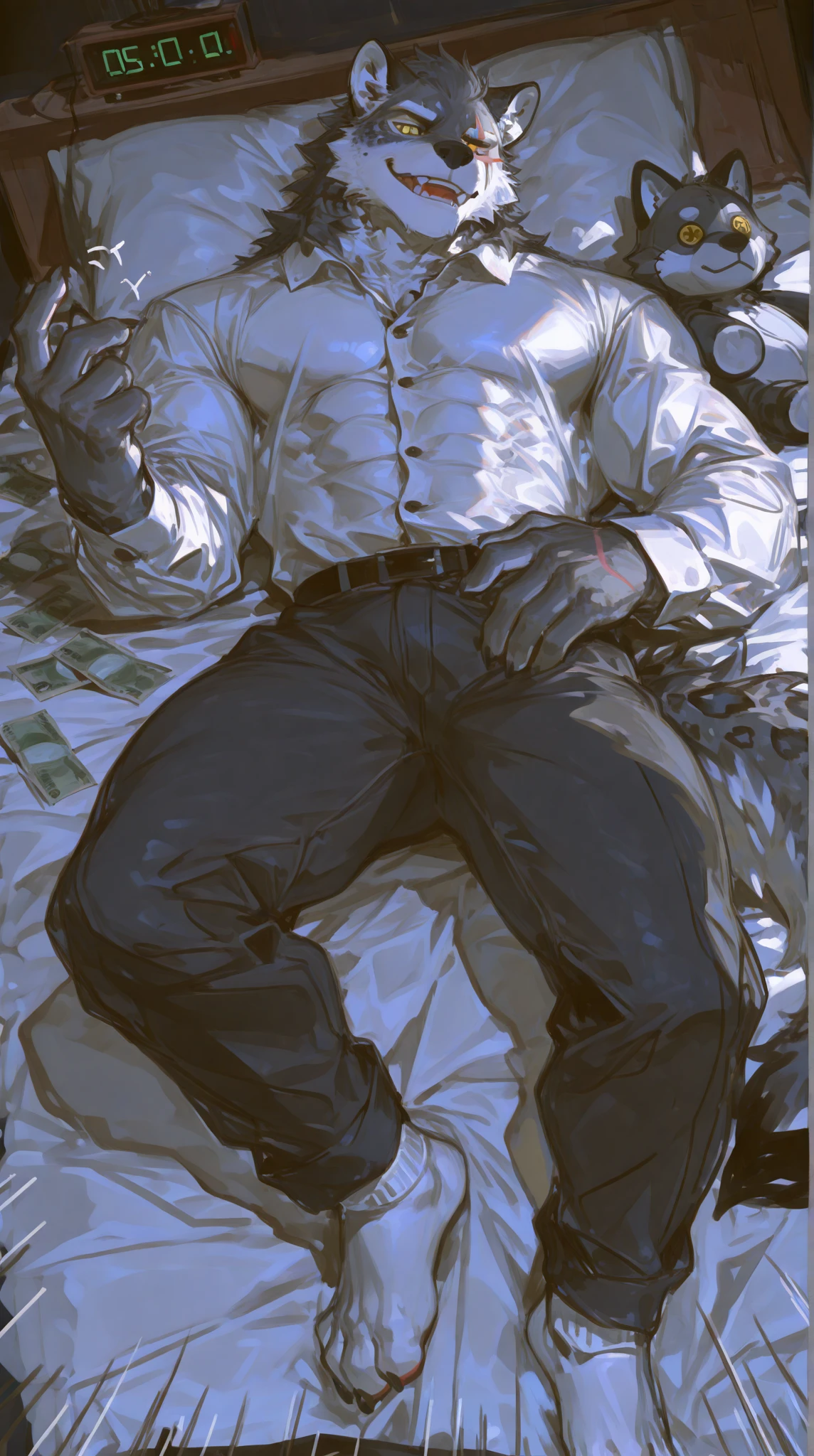 muscular, Burly man, noble duke，white hair, 70 year old strong man, still strong，Strong chest hair，Lying in bed，Wearing a black tight vest and a white cloak, He's asleep，drunk, sexy pose，sexy beard，The crotch is very big，He spread his legs