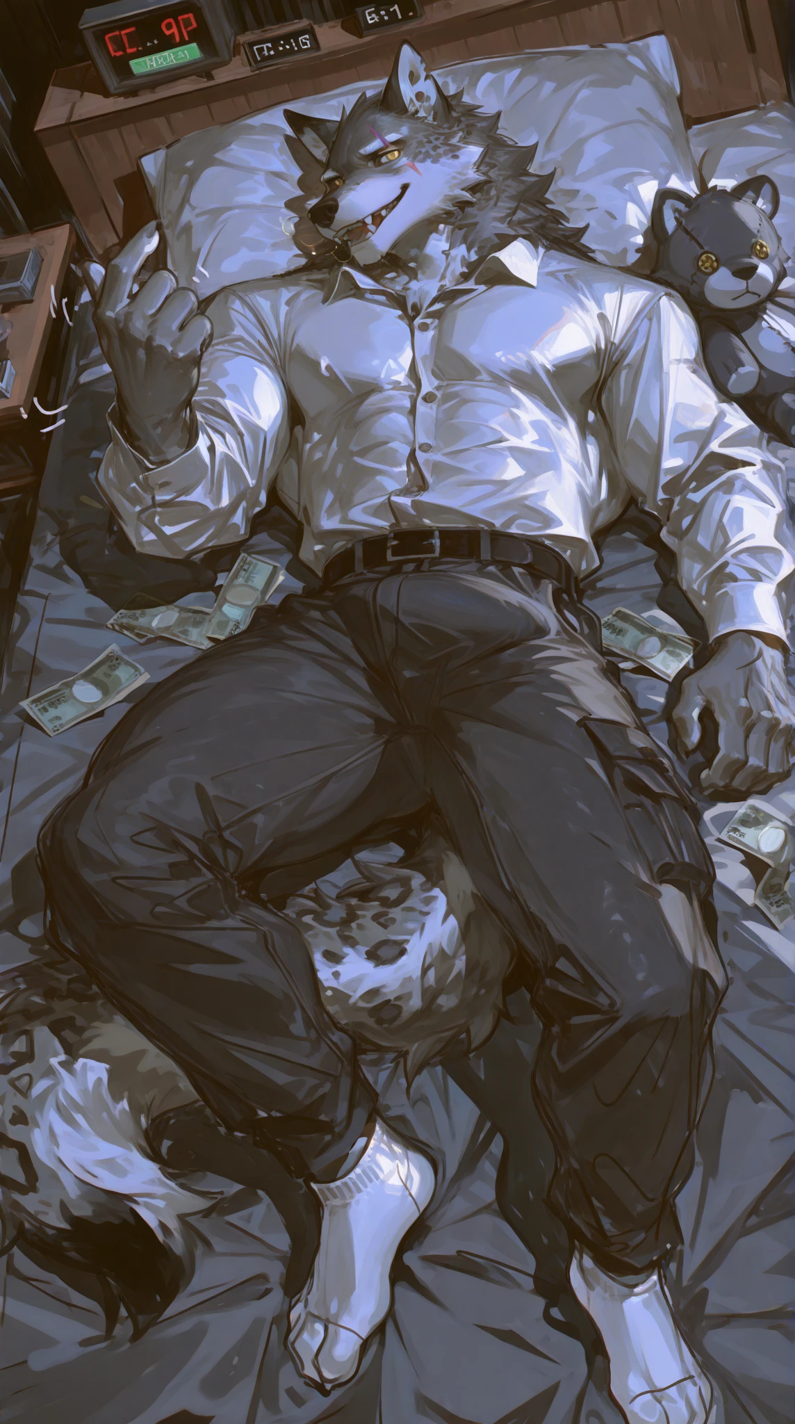 Best quality, masterpiece, expressionless,ultra high res,detailed background,realistic,1man,solo,male,muscular,mature male,short hair,facial hair,sitting,money,sofa, real shadow and light,depth of field, chest, biceps, abs, tall, water on body, jake, Jackson, daddy