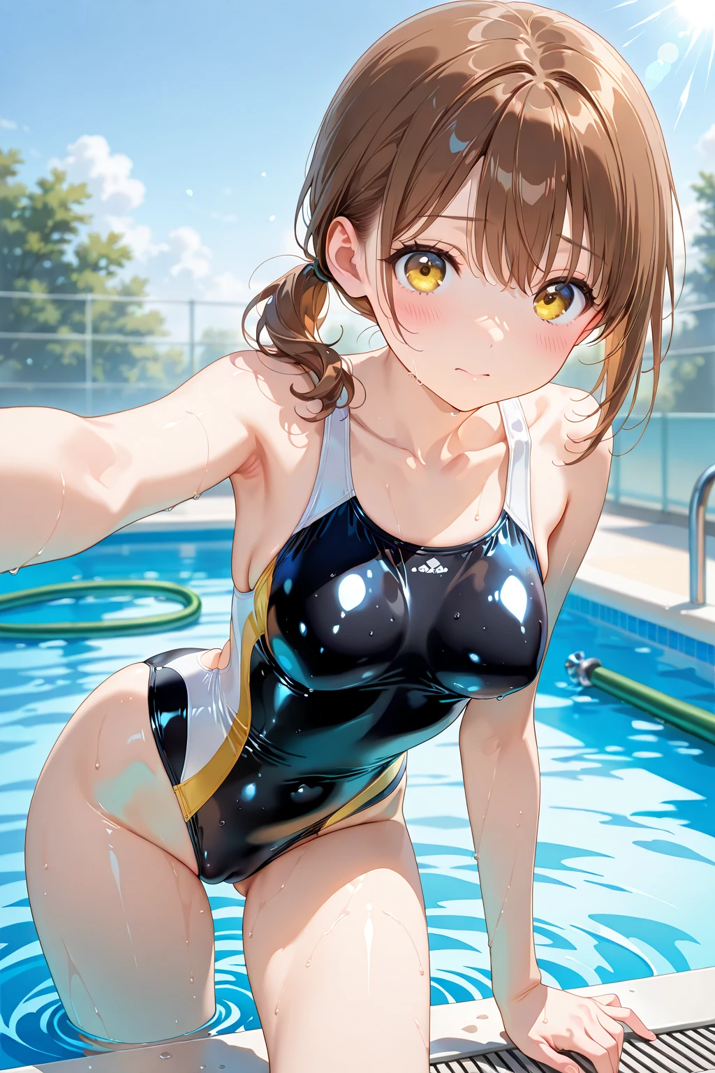 ((ハイレグ:1.3)), long gloves、brown loafers、black calf length socks、Open your thighs wide to the left and right、squat on the ground、((latex old school swimwear:1.3、sit, spread your legs:1.3, arm behind head ))、12 years old、absurdes、blonde pigtails、flat lighting、elevation angle、sexy pose、highest quality、complex、surreal、perspective, very detailed, detailed background, shape、1 girl、alone、small breasts、light smile, (((Daytime Outdoor pool side))),