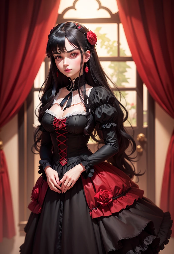 1girl, ((cinematic light)), colorful, hyper detail, dramatic light, intricate details, best quality, (extremely detailed CG unity 8k wallpaper, masterpiece, best quality, ultra-detailed, best shadow), (detailed background:1.4), (beautiful detailed face, beautiful detailed eyes), High contrast, (best illumination, an extremely delicate and beautiful),(girl:1.5), solo, black hair, blue eyes, feather, red dress, flowers, castle, princess crow, lake, long hair, pearl accessories, sparkles, water fountain, pillows, fireplace, pearls, dynamic angle,beautiful detailed glow, full body, cowboy shot