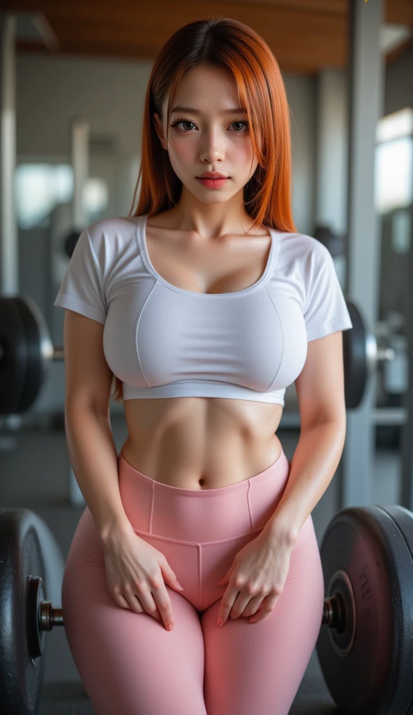 (photorealistic, detailed bright blue shorts and tank top, camel toe:1.2),
(detailed, knees to upper body, facing viewer, hand on hip, two finger peace sign:1.1),
(1girl, woman, thicc, 28 year old, smiling expression, shy, flushed, (freckles:0.6), confident, sexy:1.1), adult, detailed body, long pink hair, large perfect breasts, wide thighs,
(background gym, treadmills, weights, mirrors, windows:1.2),
interesting colors, cinematic lighting,
<lora:Lighting_LowRA(dark theme):0.25>
<lora:LIGHTING_epiNoiseoffset_v2:0.25>
<lora:add_detail:0.2>
<lora:FACE_lora_perfecteyes_v1_from_v1_160:0.2> perfecteyes eyes
<lora:FACE_detailed_eye_V2:0.3>
<lora:FACE-GlossyFace:0.3> (RSEEmma:0.75),
<lora:FACE_mania:0.3> (maniacal laughter)
<lora:HANDS_GoodHands-beta2:0.5> (detailed hands, perfect hands:1.1),