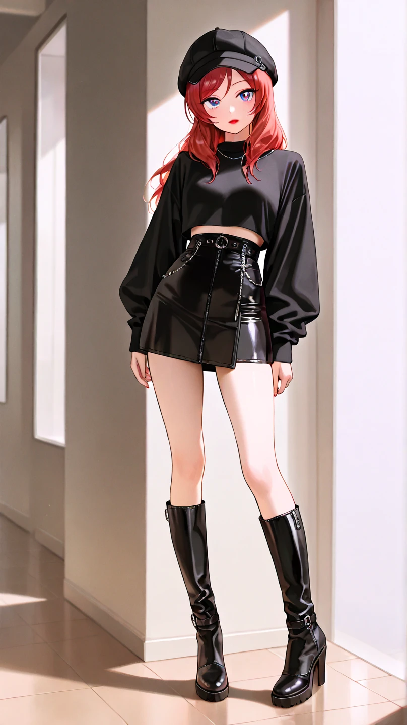 1girll,(8K, RAW photo, Best quality, Masterpiece:1.2), (1girll,Solo:1.29),(Realistic, photo-realistic:1.37),(Street photography:1.54),Boots,(2 boots,2 normal legs),Over-the-knee boots,(Stand upright,Orthographic lighting,whole body picture:1.88),(knee high boots:1.75),(Leather boots:1.6),(Trunk lid 3/4 legs:1.55),(High heels:1.2),(Silvery hair),(Silver boots),(leather miniskirt:1.3),(High heels:1.4),(2 Long heels:1.2),(2 stiletto heels:1.33),(2 slim heels:1.33),(Bra:1.65),(Silver patent leather boots:1.4),(The boots clung to her legs:1.5),(The boots are pressed tightly against the thighs, Accentuate the curve of the legs),(Black pantyhose:1.8),(Black thin pantyhose:1.6),(Black thin oily pantyhose:1.6),(The line between the legs and the black silk skirt is clear:1.5),(Ultra-detailed,full bodyesbian),(Red long-haired,Red hair,Bright red hair:1.4),(Beautiful detailed girl:1.5) ,Beautiful nose,(Extremely detailed eyes and face:1.5), (Beautiful detailed eyes:1.5),(light in face:1.5),(Hanfu:1.1),beautiful detailed lips,Professional lighting, No hats,(Hanfu:1.1),2 legs,photon maping, Radio City, Physically-based rendering,Extremely detailed eyes and face, Beautiful detailed eyes,light in face,Cinematic lighting,Beautiful detailed sky,Details of Shanghai streets,Morning,sun light,Short jacket,Hoodie,school uniform,(Open legs:1.39),1girll,full bodyesbian,full body shot of,See-through,view the viewer,Outdoors,