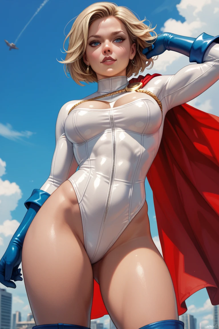 Powergirl from DC, big breasts, frontal, full-length, looking at the camera, facing the audience, standing pose, simple background, three-dimensional light, detailed full-body concept, sleek digital concept art, beautiful full-body concept art, art trend, CGsociety full-length, Full body photo:1.5,