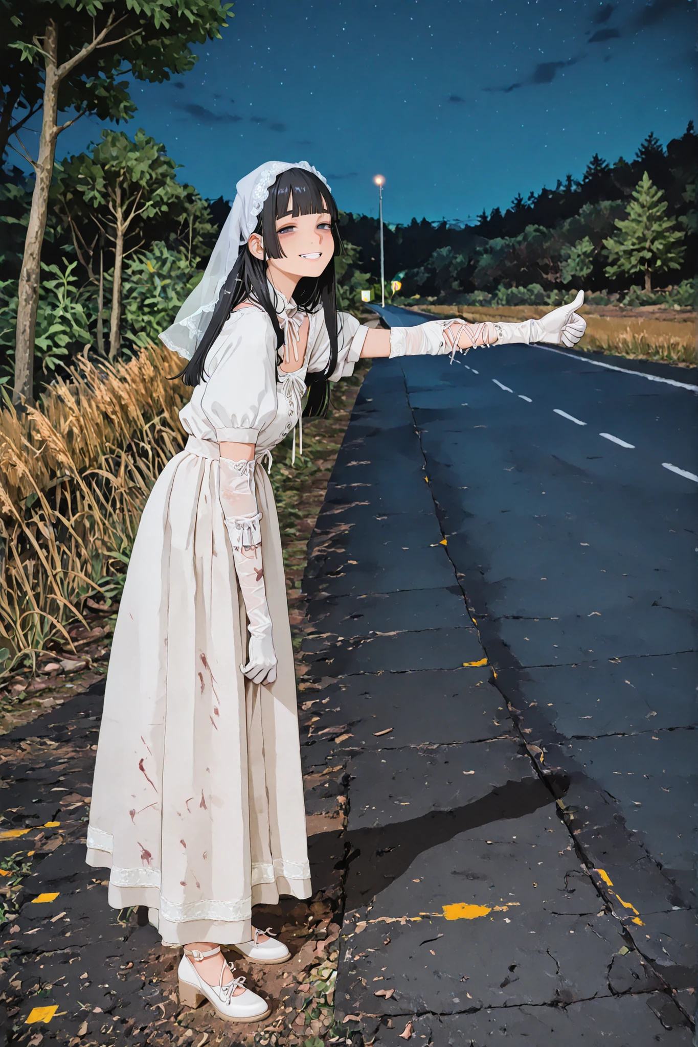 1girl, alone, grin, smile, (outstretched forward arm), (thumb up), dark, night time, wedding dress, laces, white dress, white stokings, white shoe, heels, bride, ankles, dress cut-out, laces dress collar, tight dress, ((long skirt)), laced gloves, elbow gloves, standing, black hair, long hair, straight hair, blunt bangs, dark-grey eyes, at the roadside, road, asphalt road, night, looking at viewer, veil on head, dirty hem of dress, headlights form side, teeth, tired eyes, black eyeshadows, standing, hem of dress flutters in the wind, hitchhiking, medium cup-size, countryside background, feild, trees, 3\4 angle, low angle, cinematic angle, best quality, hiHike,