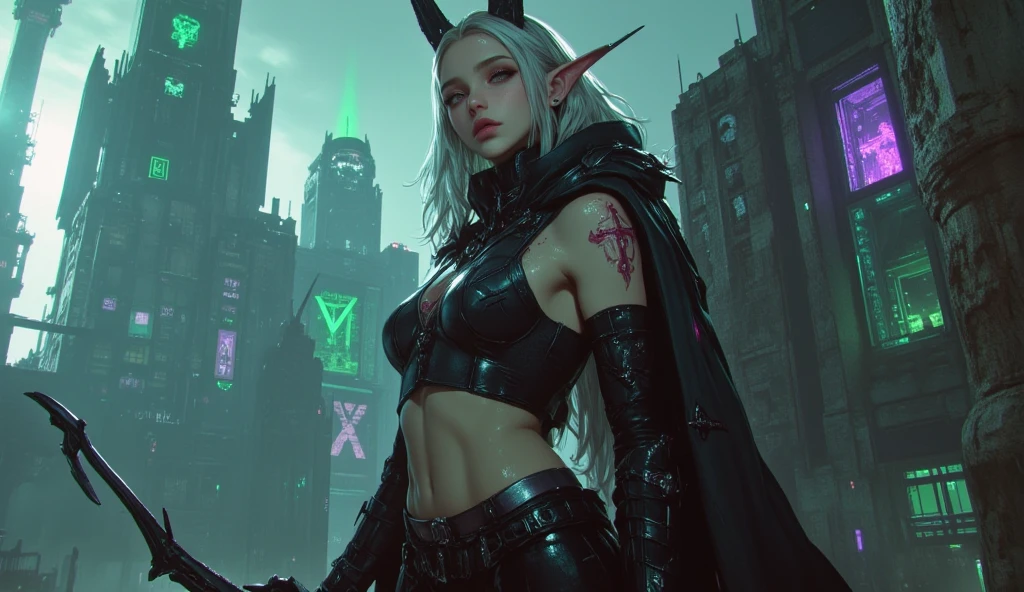 Beautiful elf, female, full body, cyberpunk, curvy body, model, fairy wings, tattoo, neon, light inside chest, glowing eyes, vampire teeth, cyberpunk, ((dark)), post apocalyptic setting, post city apocalyptic, dramatic, striking colors, "Splendid artwork high resolution, ultra realistic, 8k, intricate detail, 8k cg render, octane render - 8k, octane black render, octane render 8k hdr, render in unreal engine 5, 8k 3d octane render, 8k 3d octane render, cinematic octane render, cinematic shooting, splash art, cinematic light, diffused light, spectacular art, 100mm, dslr, nikon, horror night, moon full, hyper detailed, realistic, striking fog