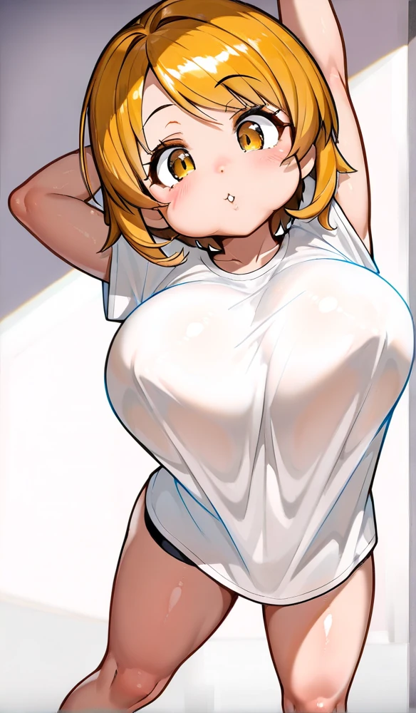 highest quality,masterpiece,Glossy blonde,blue eyes,white clothes, look down on, Upper body,hair,Fair skin,short hair,good,Wet,undressing,beautiful breasts,big breasts,from below,underboob,erect nipples,
