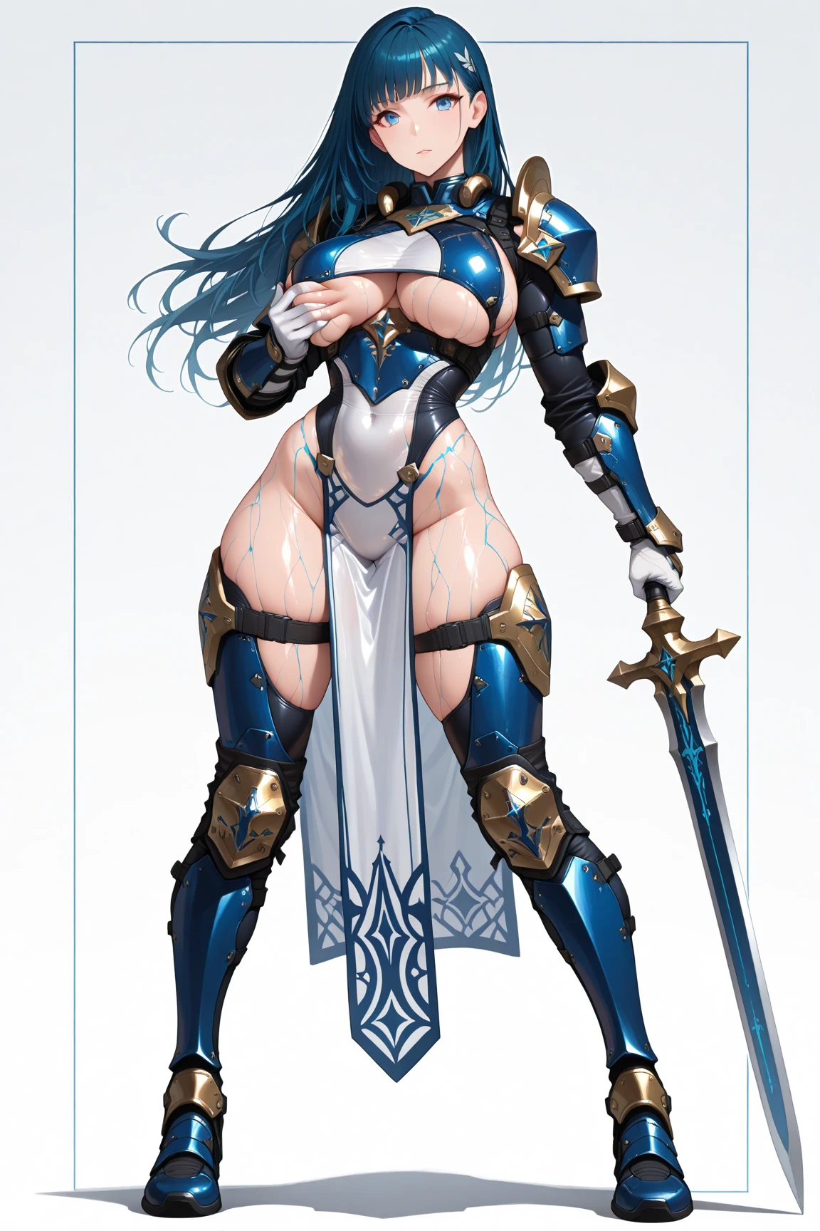 "(masterpiece:1.1), best quality,
1girl, (80s anime style:1.4), (eyelashes:1.5),
(intricate high detailed body:1.2),
silver hair,
(hair between eyes:1.1), (very short hair, pixie cut:1.1), (headband:1.2),
green eyes, (thick eyebrows:1.1),
(dark skin:1.3), (small breasts, flat chest:1.1),
happy, smile,
(fishnet leotard armor, navel cutout, tattoo:1.2), (pantyhose:1.3),
(knight armor, armored boots:1.2), (suspenders:1.1), (jewelry:1.1), collar,
standing, hand on hip,
(cowboy shot:1.1),
(simple white background:1.2)"