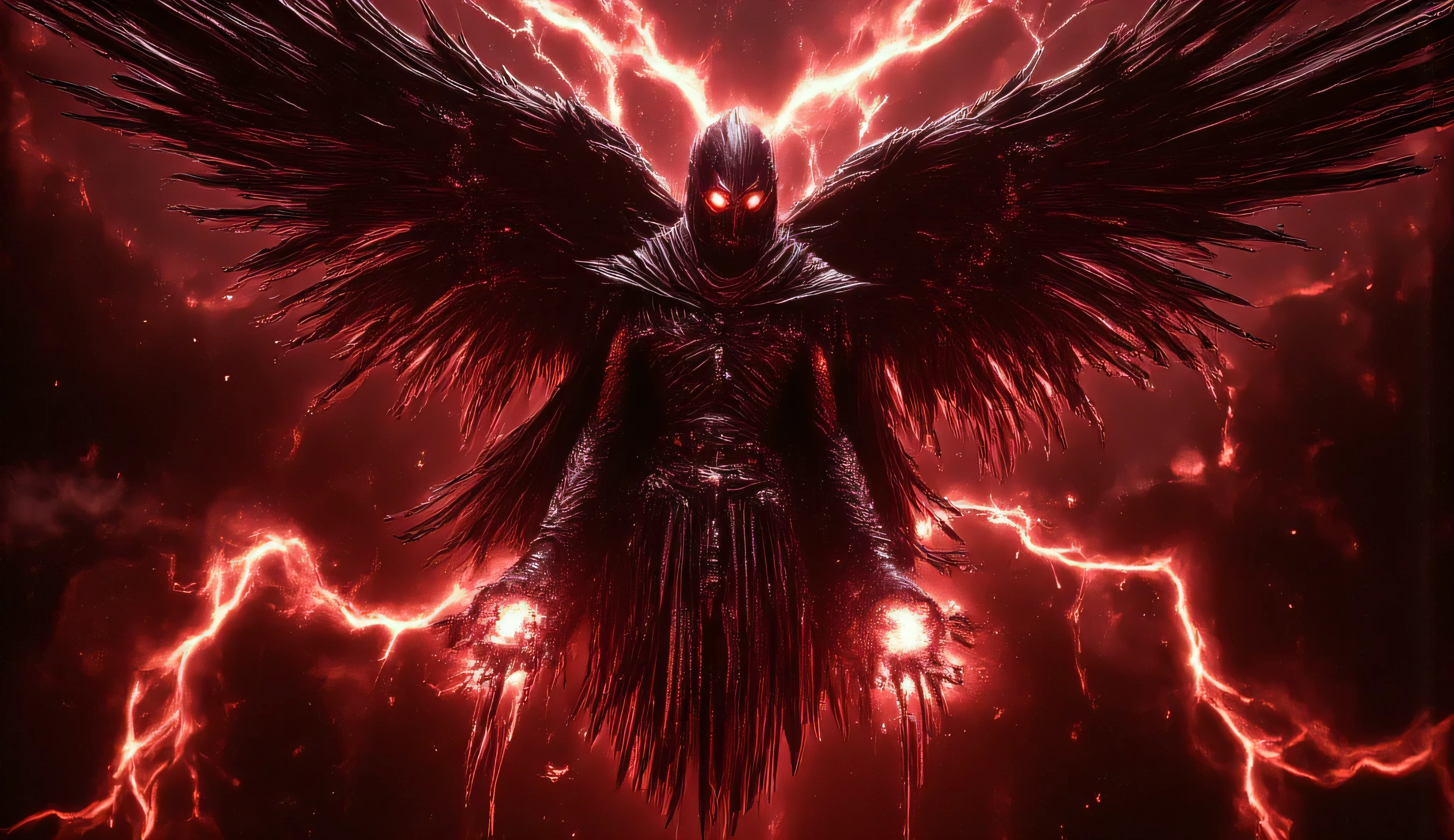 a first world war soldier in a dark brown uniform with a long cloak and a gas mask. he has a fantasy hell machine gun burning with hell fire in his two hands. the lenses of the gas mask are burning red. two crow wings grow out of his back. he descends from the sky. red lightning strikes the sky. gothic horror