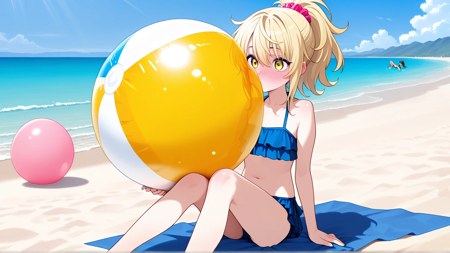 (masterpiece)、(absurdres)、(ultra detailed)、((solo lady)、(blonde hair:1.0)、(shiny red eyes:1.1)、(highponytail:0.9)、(a little red libbon:0.8)、(long hair:0.7)、((middle breast:0.8))、BREAK,White one-piece swimsuit、Frills、BREAK,Seaside beach、Holding a beach ball in hand、happy smile,cowboy shot,