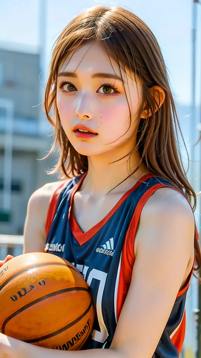 1woman 35yo, (European woman) Caucasian, blonde hair, waist up, faint smile, shiny skin
Best quality, masterpiece, (realistic: 1.4), basketball court, blue sky, sunshine