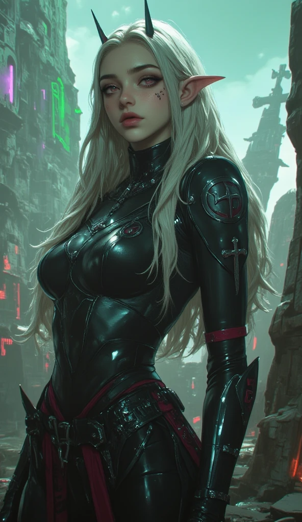 Gothic woman, blonde, background cyberpunk city, sexly, seminua