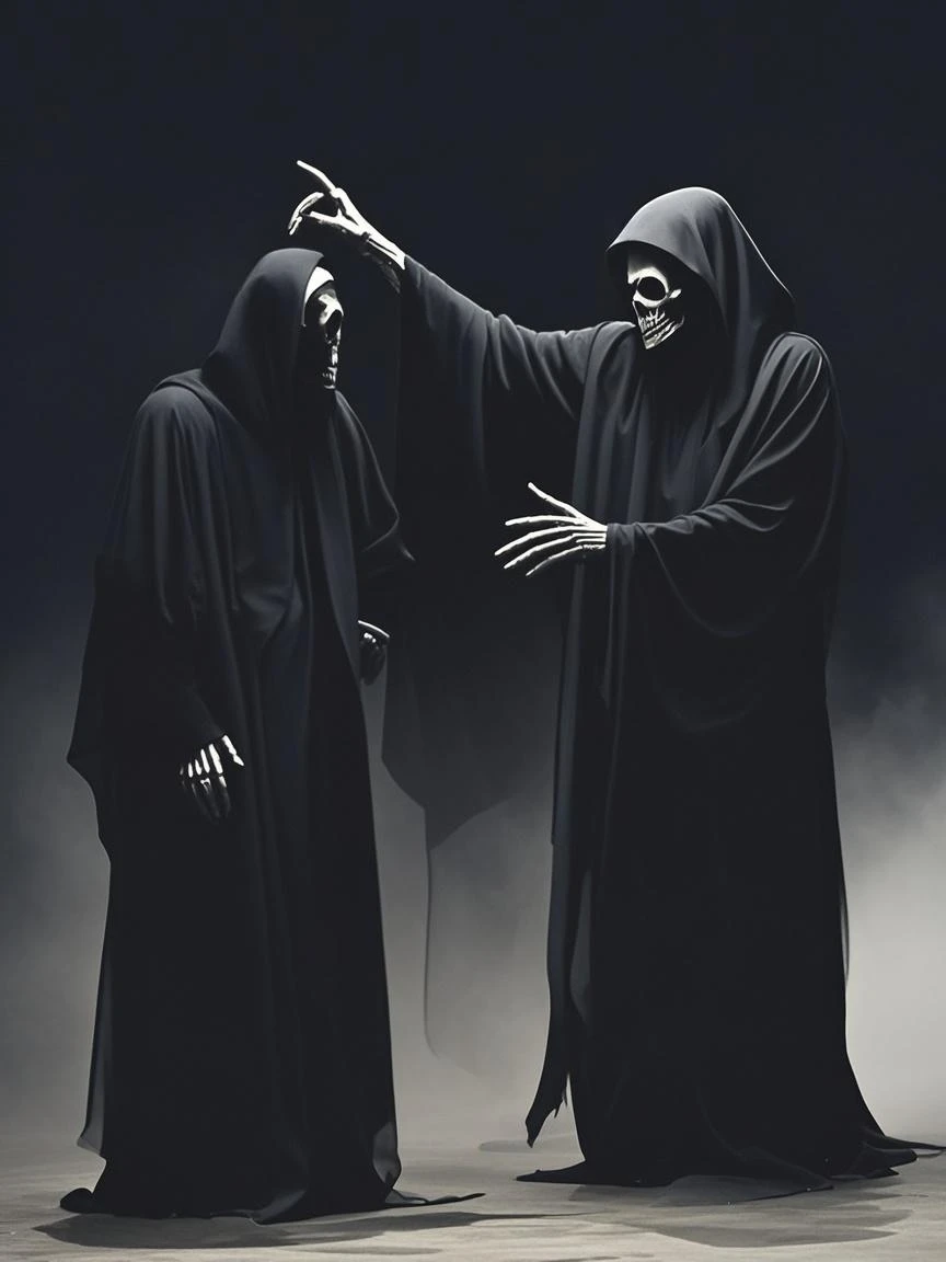 Graveyard, on the beach, hooded skull man carrying lantern, ethereal attractive woman by his side, in requiem. brush style, black and white colors <lora:setzstyle7:1>
