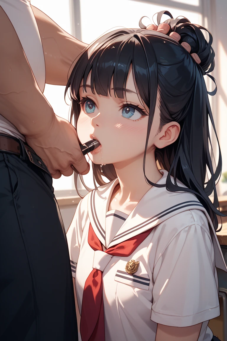 (Photorealistic:1.5), (masterpiece、Highly detailed 8K CG、Sharp lines:1.2), (deep focus:1.7), Smooth Anime CG Art, Beautiful anime girl, (14year-old beautiful girl:1.4), Detailed skin, (gleaming skin:1.6), short-hair, Beautiful black hair, brown Eye, (many streaming sweat:1.0), (slim:1.8), (head shot:2.3), (student clothes:1.4), solo, (one girl:1.4), from side, Inside the classroom, (blush:1.5), (anguish:1.4), (open mouth:1.8), (Lots of clear drool overflows from her mouth and drips from her chin.:1.6), (half closed eyes:1.0), (crying:1.4), (fellatio:1.2), (short sleeve:1.2), (a sailor suit:1.5), (hi-school girl:1.5), (looking away:1.9), (flat chest:1.4), (Dark blue pleated skirt:1.2), , (from side:1.3), (hold in one's mouth:1.3), (fellatio:1.6), (penis:1.6), (irrumatio:1.5)