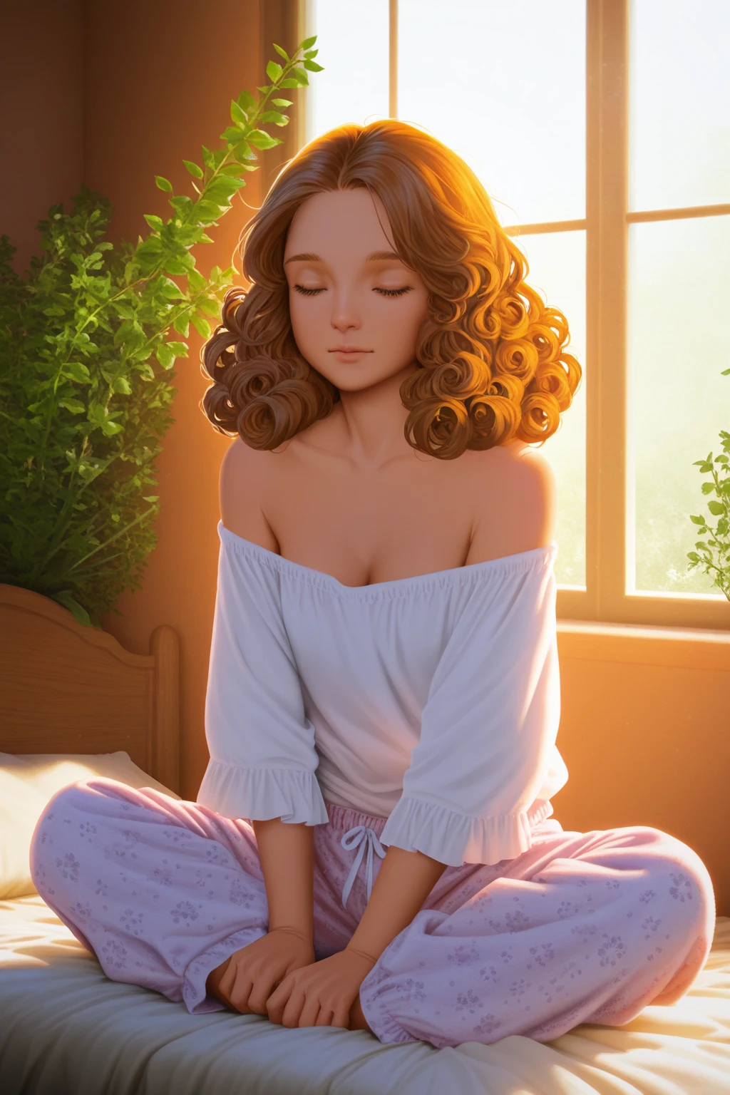 woman at peace, sitting in lotus position, full body, in bedroom, sleepwear, meditating, photorealistic Disney, beautiful digital illustration, beautiful digital art, highly detailed 4K digital art, detailed fanart, fan art, 4K detailed digital art, exquisite highly detailed fanart, Martin Ansin art portrait, Disney realistic photo, beautiful character painting, realistic fantasy illustration, Disney art style