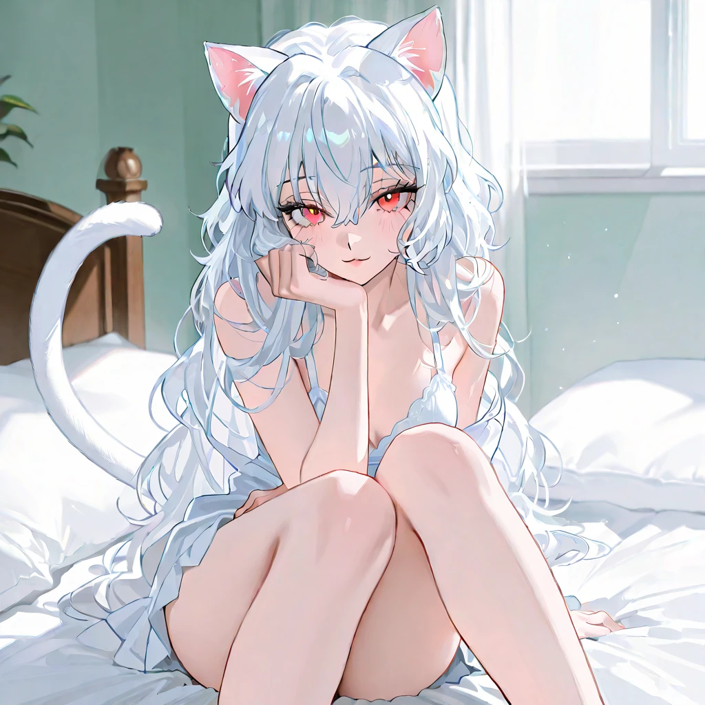 (Best picture quality，highly  detailed，Body and facial contours 1.2）Rainy days，Wear a white bra，White lace erotic panties，Pouting ass，animemanga girl ，Weakness of the body，Slim waist，slender leg，Bedrooms，face to the viewer，spread their legs，Side head，Rub your chest with both hands，Long white ponytail hair，Wear white cat ears,Wearing a white trench coat that is half off  , (arms_behind_heads:1.2)