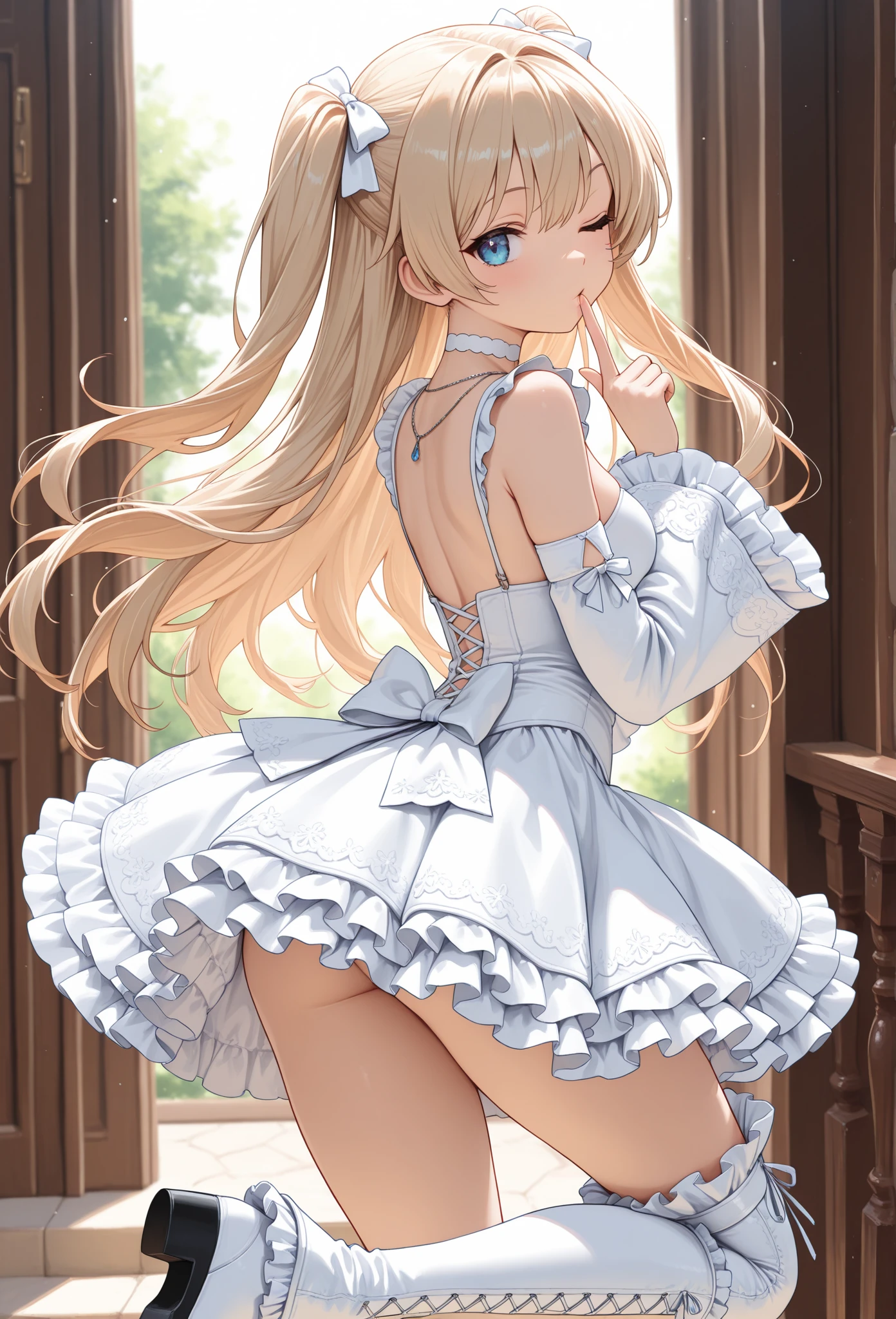 masterpiece, best quality, 1girl, very curly hair, blonde hair, shiny hair, tiara, diadem, medium breasts, glossy lips, good lighting, latifa fleuranza, standing, looking back at viewer, ballerina, tutu, white pantyhose