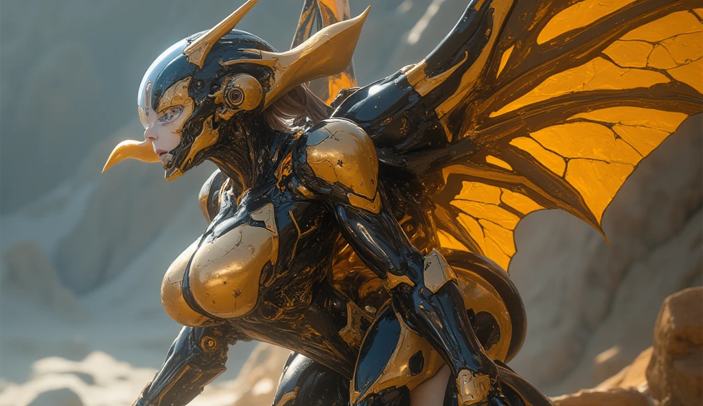 full body shot from behind showing wings attached to a beautiful back of the cyborg with brown hair, intricate, elegant, highly detailed, majestic, digital photography, wings attached to the back, art by artgerm and ruan jia and greg rutkowski surreal painting gold butterfly filigree, broken gsterpiece, sidelighting, finely detailed beautiful nightmare:1.2), hdr, god rays, ray tracing, Realism, best quality, 16k, highres, textured skin, super detail, shot from behind.