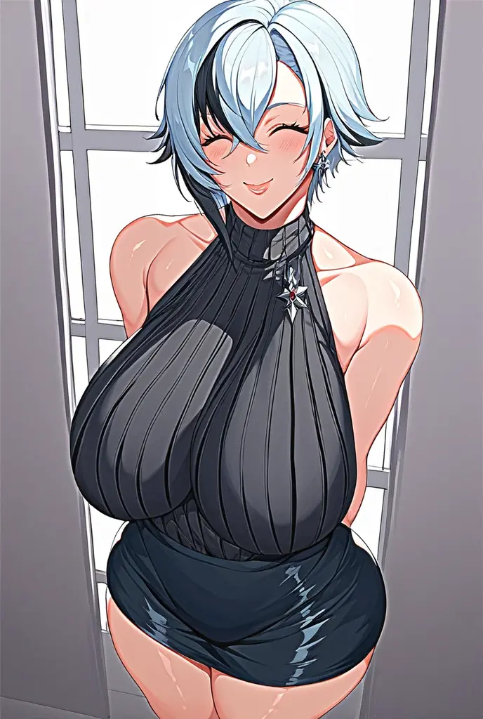 My name is Yukiko.I am a white test woman with long light blue  hair,red eye color.I am 1.62 cm tall . My breasts measure 200 cm, my waist 40 cm and my hips 200 cm. dressed in a tight black dress and with her hair up.  . With big breasts 200 cm