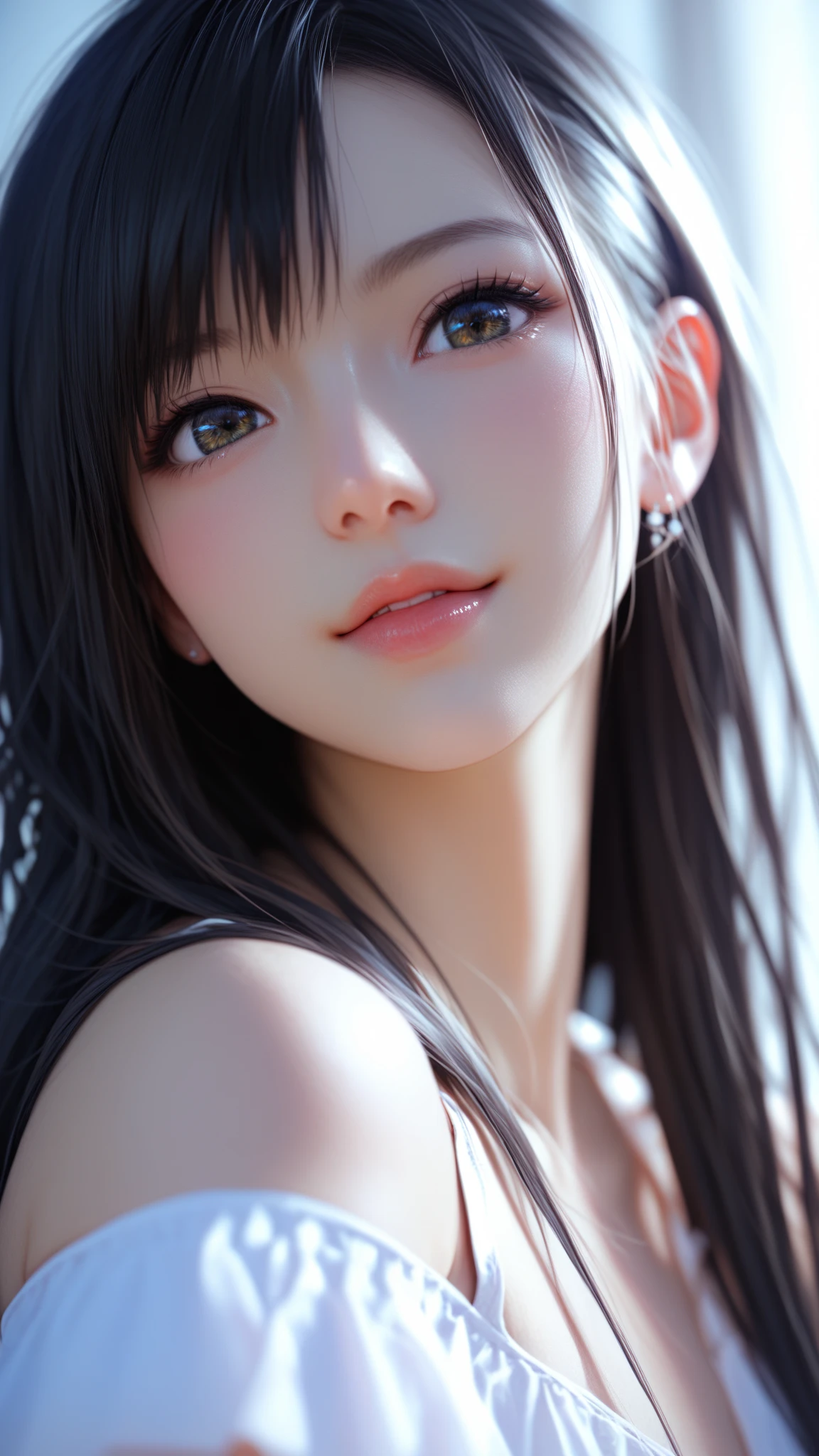 {Top Quality, Masterpiece}, (Realistic: 1.3), Wallpapers, ultra high res, ultra high quality, BREAK {{{FF7,Tifa_lockhart, solo}}},{Ultra-detailed face, Detailed Red eyes},(black Brown Hair, Large breasts: 1.0),(Imaginative Macanese Female Page, background is Unique seaside, at Sunrise), BREAK {wearing oversized loose sweater, off shoulder, Exquisite cloth, white Clothes}, clothed, (No Bra) ,(shiny oiled skin: 1.1), about 18 years old, BREAK {smile, kawaii},{{model pose}}, {{erotic eyes, erotic mouth, erotic face}}