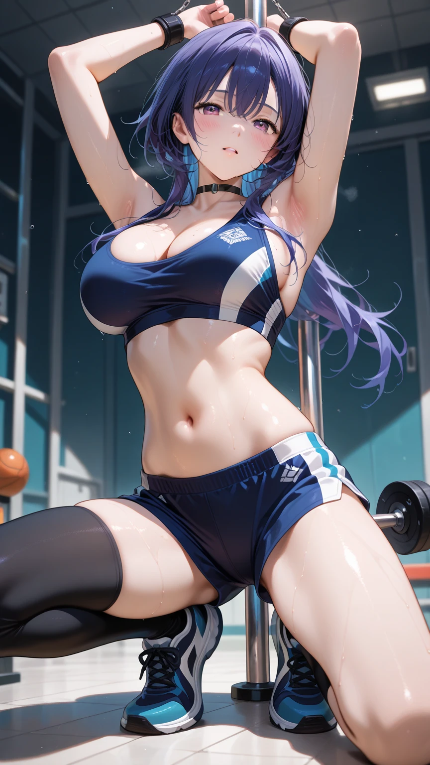 1girl, breasts, large breasts, wide hips, blue hair, long hair, red eyes, smirk, smile, smug, sports bra, black sports bra, sportswear, black shorts, fingerless gloves, thighhighs, blue trim, full body, ((full body))