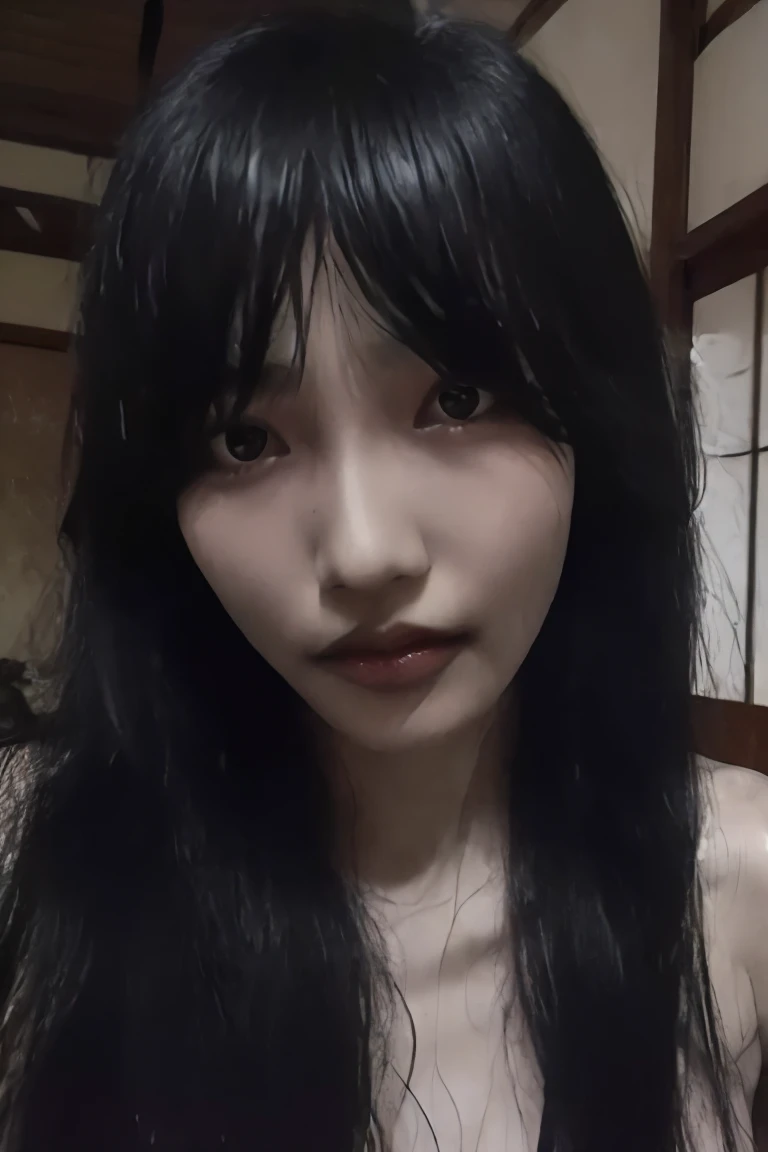 Sadako, long black hair, facing viewer, pale skin, hair over eyes,
White dress, long sleeves ,dirty clothes,
solo, standing, short,
dark room, large TVs,
(insanely detailed, beautiful detailed face, masterpiece, best quality)