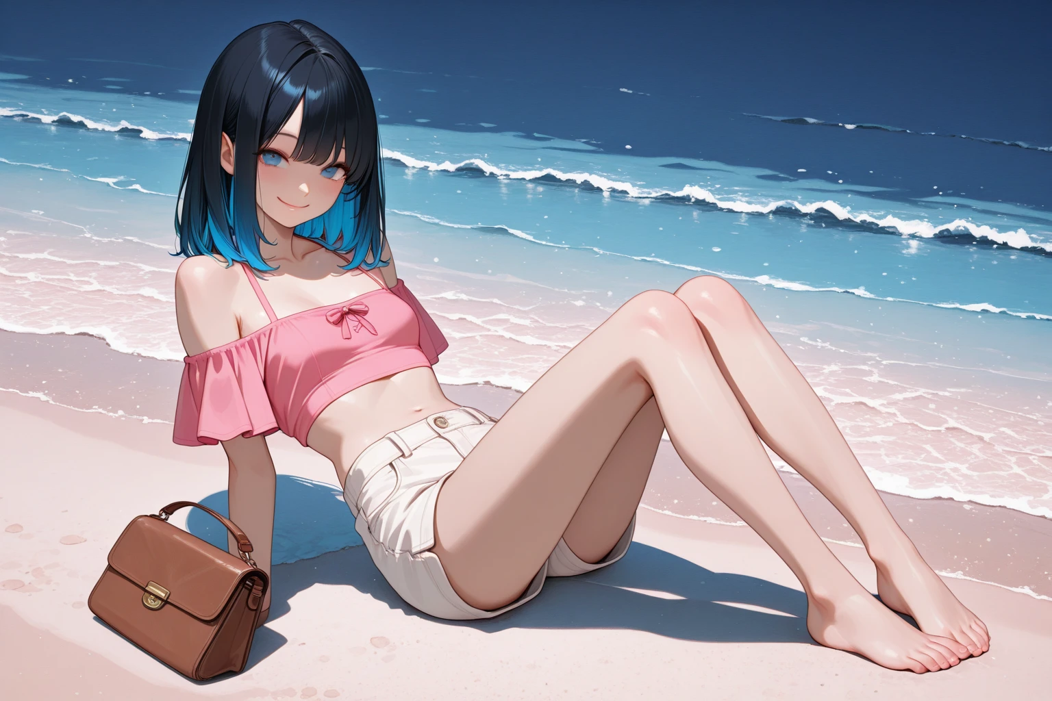Masterpiece, top quality, meteorites
clouds, swimsuit, cat-eared girl, full body, far shot, bikini, sky, side tie_bikini, barefoot, chest, solo, blue_sky, looking_at_viewer, cloudy_sky, blue_bikini, sitting, long_hair, navel, day, front tie_top, build, front tie_bikini, off_shoulder, bare_shoulders, spread your legs