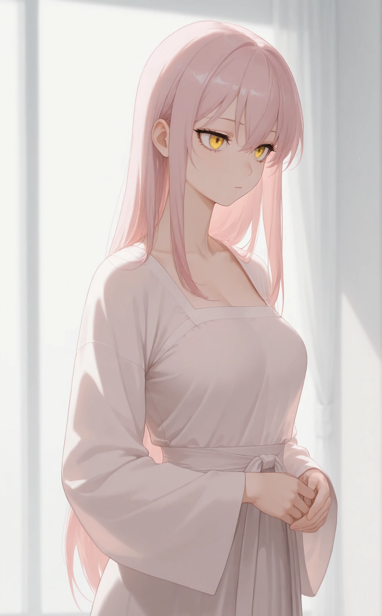 masterpiece, newest, Best Resolution, HD Quality, good lighting, safe. beautiful, adult, anime, good anatomy, . Pale pink hair , Hair below the shoulders. Golden-yellow eyes, dark eyelashes, piel clara, slim build, Medium Breasts Size D. She is 24 years old, measures 1'65 cm. looking at the spectator, Alone, white background. wearing clothes: Hanfu traditional .