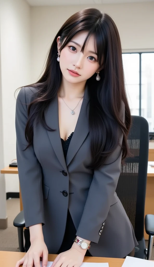 (1womanl), Beautiful, seducting smile, (Best Quality:1.4), (Ultra-detailed), (extremely detailed CG unified 8k wallpaper), Highly detailed, High-definition raw color photos, Professional Photography, Amazing face and eyes, makeup, (tempting look), (amazingly beautiful girl), ((Business Suit)), ((Mini skirt)), (Business shirt with wide open chest), (Spread your legs), ((Wear ultra-realistic pantyhose)), (:1.3), insertion, Seductive, (dim bedroom:1.3), candle, (View from below)