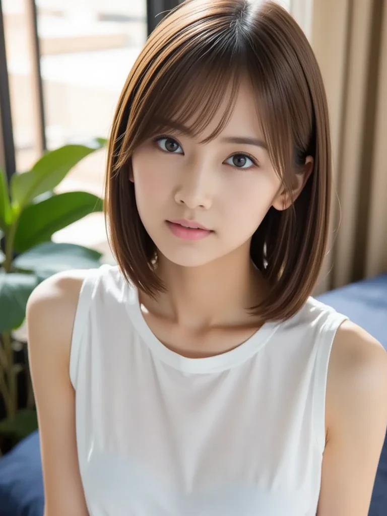 Browsing Caution、Highest quality、、 Compensate、masterpiece、クリアなphotograph、Ultra-high resolution、Realistic、Professional Lighting、Natural light、photograph、smile、Ultra slim、Delicate body、pretty girl、beautiful girl、Baby Face、(Small breasts、Flat Chest:1.4)、White skin、Bobcut、Brown Hair、Wearing a white blouse:1.8、Lean forward:1.6、Her cleavage is visible:1.4