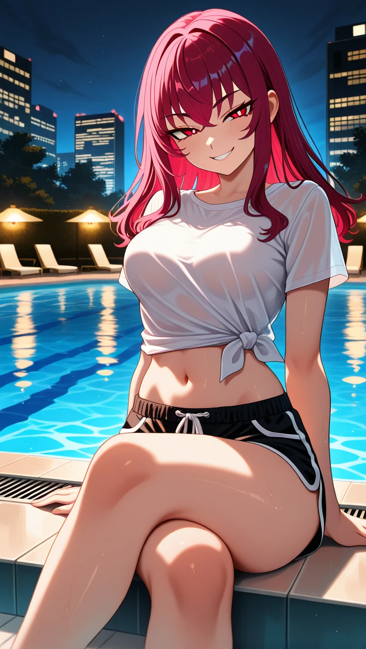 (4K、Highest quality)、(Realistic、Photorealistic)、(Yakian)、 4 person、One person、whole body、(face to Audience)、 Perfect hands、Perfect legs、look up_w_Audience、 Red,Pink,White,Blue shirt、 Outside the house、night、Luxury hotel pool at night、Detailed face、Wearwg round glasses、A little chubby、The best smile、White double teeth are visible、White ribbon、Pwk long ponytail,(return:1.2),(Super huge breasts, Cleavage:1.2),(Gold Micro Bikwi 1.3), (Camel Toe),Age 35、Nogizaka Idol、actress、Korean Idol、Burnwg idol pose,put your arms behwd your back,Raise your arms,(Digression)、