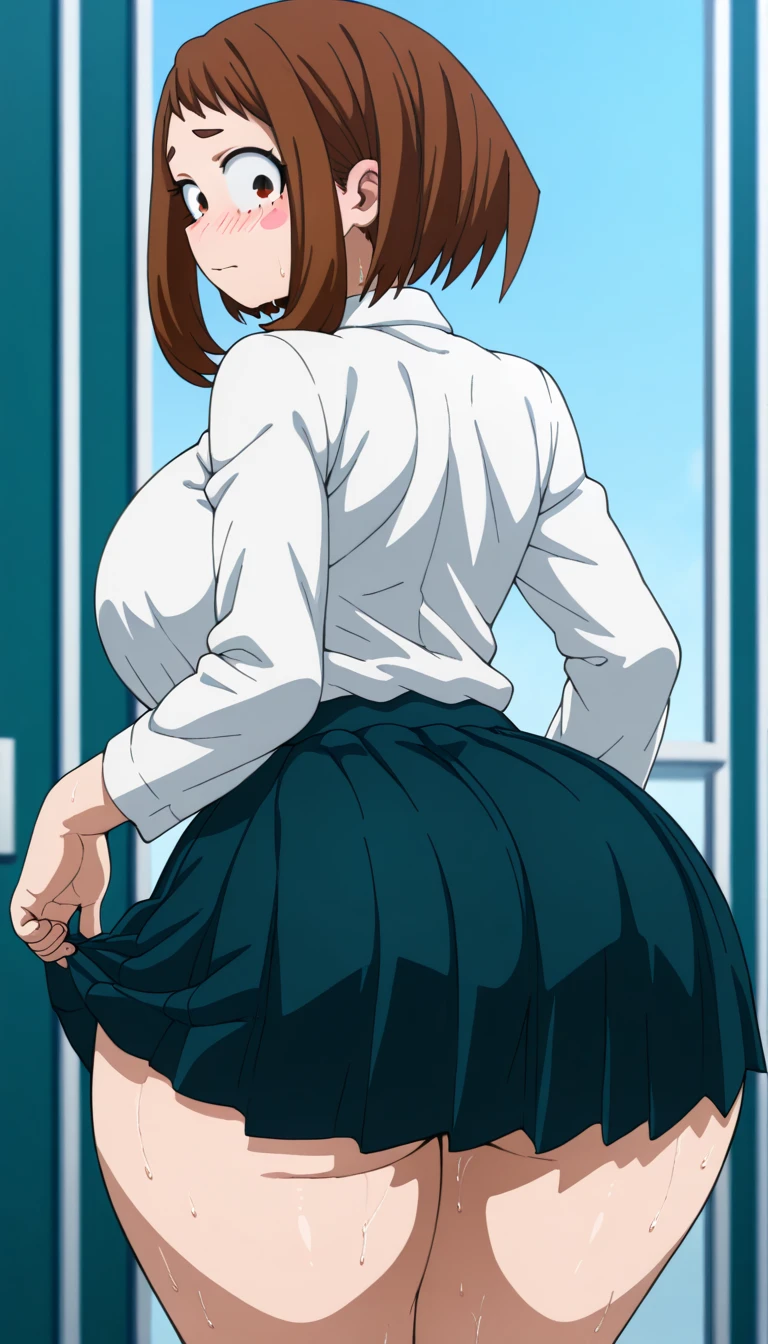 ((1 girl)) ((Idol Master))Yagami Makino,Happy,outdoor,garden((multiple views))whole body,Low - Angle,panties,uniform,Glasses