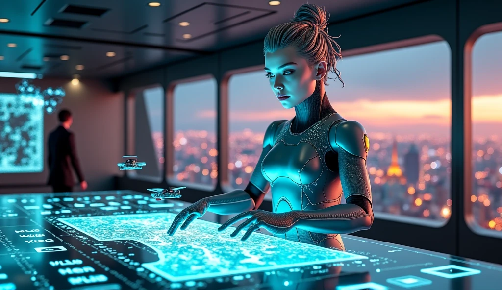 (Goddess of Technology:1.4), (masterpiece:1.4, best quality), (photo realistic:1.5), futuristic and sleek appearance, with an aura of innovation and intelligence, dressed in a form-fitting outfit made of advanced materials that blend metal and synthetic fibers, (hair styled with a metallic sheen, integrated with glowing circuits and data streams:1.2), (eyes glowing with a digital interface, reflecting a vast network of information:1.4), holding a holographic interface or a floating digital orb, surrounded by floating screens, wires, and data streams, (background of a futuristic cityscape or a high-tech control room filled with holograms and advanced machinery:1.2), (cool, precise lighting highlighting her and the technological elements:1.2), (dynamic and poised stance that emphasizes her mastery over technology:1.2), rich textures, sleek and modern colors, (metallic silvers:1.2), (cool blues:1.2), (neon accents:1.2), (dynamic composition with sharp lines and a sense of digital flow:1.2), high-quality and detailed, (awe-inspiring and futuristic atmosphere:1.2), transcendent and intelligent, perfect image quality, symbolizing the cutting edge of innovation, digital mastery, and the power of technology, captivating and advanced presence