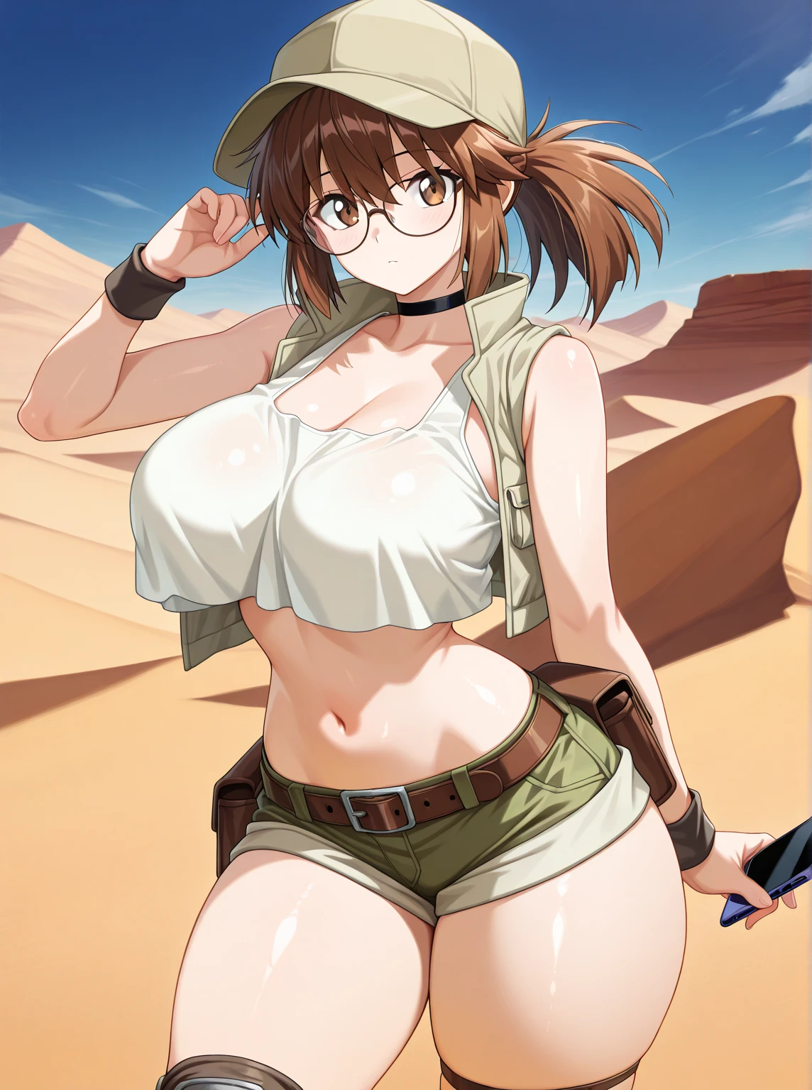 Female mechanic、Swollen nipples、Green Eyes、Braid、Brown Hair、Medium Hair、Chubby、Large build、Spreading her legs、Grey SF Bodysuit、Green Cargo Pants、blue baseball hat、Hands on your knees、:d、Embarrassing、Sweat、Huge breasts、Fat belly、Thick thighs、Beach