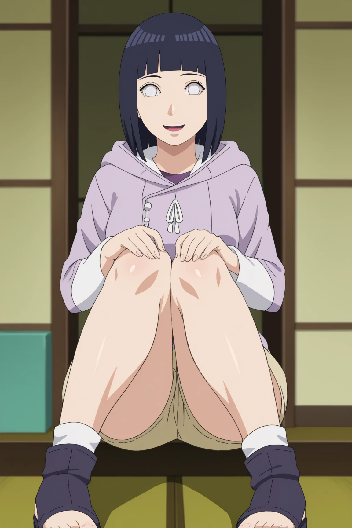 Hinata Hyuga, white underwear, feet up, spreading legs