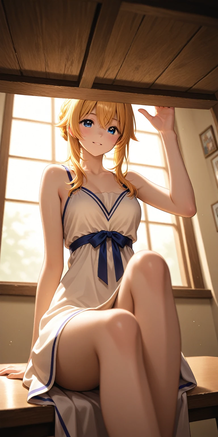 Browsing Caution:1.4, 8k, expensiveest quality, masterpiece, Vibrant, Real person, Unity 8k による壁紙, School classroom、Sit at a desk、Sit with your legs apart、(1 girl) , Beautiful Eyes, (Delicate face) , Perfect detail, (Best lighting) , (超Complexdetailed),、(Shooting from below:1.5)、Peeking out from under the skirt、Cowboy Shot、{Low Angle:1.4}、Showing panties、Laughter、Smiling girl、expensive , {Navy Blue Blazer:1.2}、{White shirt}、{Yellow ribbon}、{Grey pleated skirt}、((Small breasts:1.2))、Wearing a proper uniform、(1 girl),(Beautiful Eyes、detailedに描かれた、Look at the detailasterpieceサイドライト、masterpiece、expensiveest quality、detailed、High resolution illustrations),Delicate makeup, (close:1.2)、throw、Soft focus ground bokeh、Turn to me and smile,black eye,Half-up hairstyle with short bangs((blonde)))、Curly Hair,short hair, ((Low twin towel:1.3), (Short pigtails:1.3), 非常にdetailedな, Complex, Tabletop, Small Ass、thin texpensives