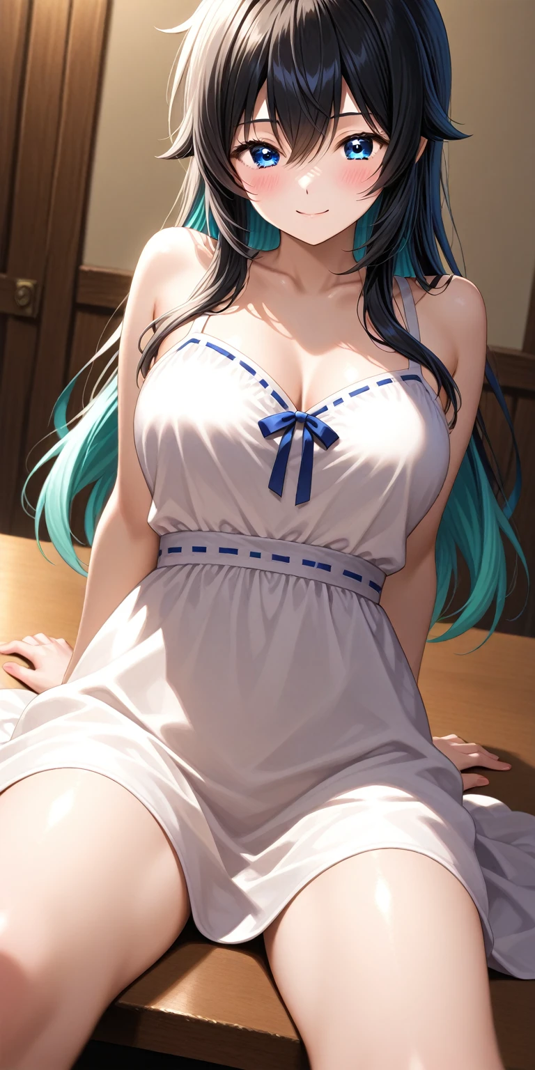 masterpiece, best qualiy, extremely detailed, 1girl,digital art, embarassed, (miwakasumi),naked, (apron),sensual, no_clothes, BREAK standing, blunt_bangs, light_blue_hair, long hair, puffy, night, sensual, lewd, lascive, defined curves, BREAK living room, cozy, night, modern, perfect face, expressive eyes, exposed skin