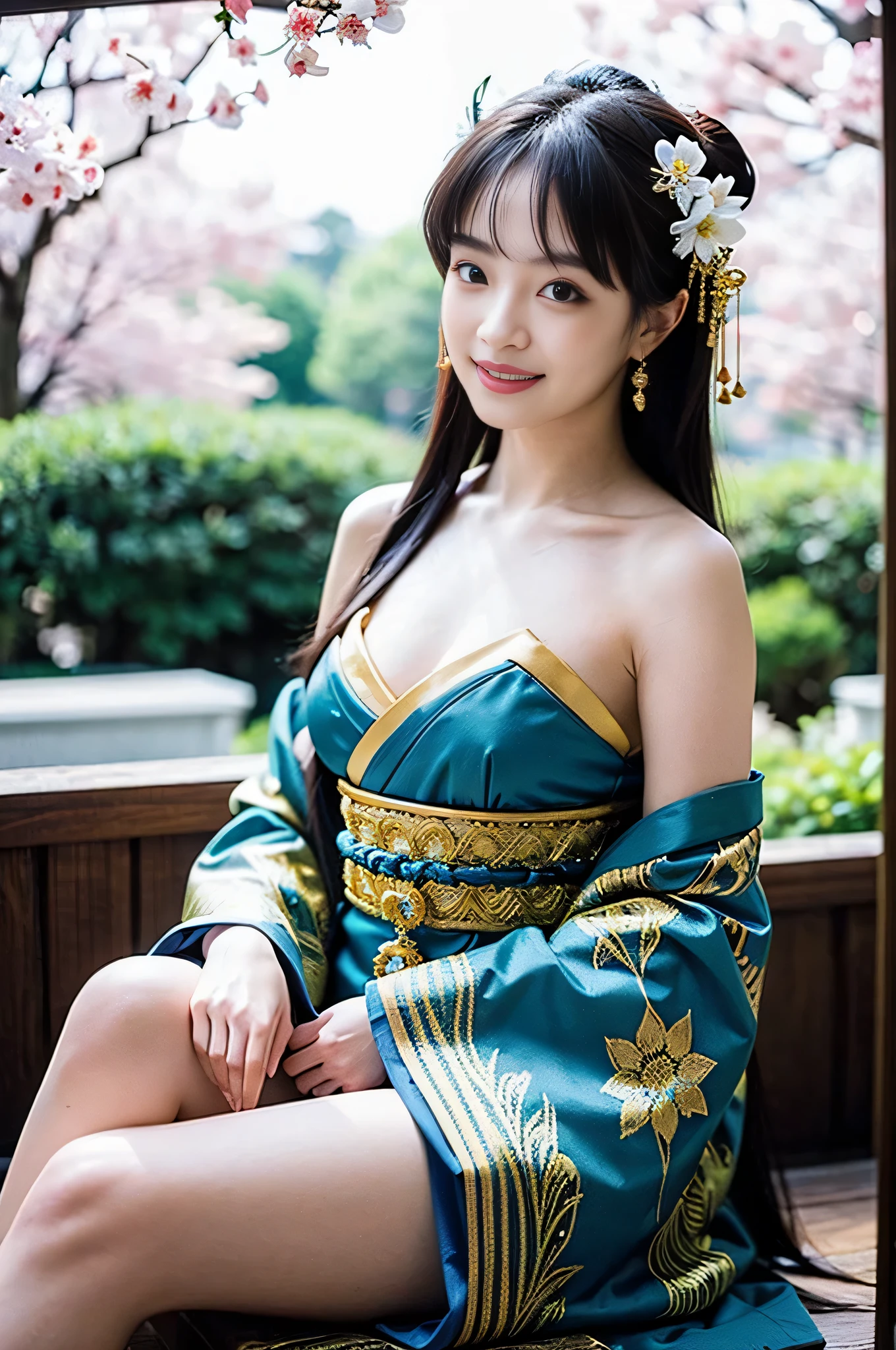 A girl , idol, detailed shrine maiden clothes, Full body shot, turquoise blue and gold shrine maiden clothes, Luxury shrine maiden clothes with detailed embroidery, bare shoulders, long hair, wearing transparent , best quality, (hair ornament:1.35), jewelry, earrings, cherry blossoms, lantern light, depth of field, detailed face, face focus, ribbon_trim, (looking at viewer:1.25), nontraditional miko, shiny skin, long sleeves, Beautiful firm cleavage, beautiful clavicle. big smile , thick lips, (blurry background:1.2), sitting, from below, Chinese style