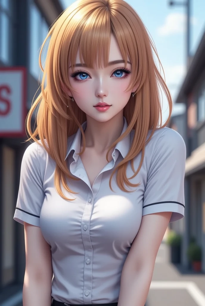 Beautiful red-haired woman with long, straight hair falling under her shoulder, wearing high school clothes, blouse with red tie and red mini skirt, black socks that go up to the knees and All Star sneakers, with angel wings with the color purple, red makeup around the eyes making a drawing on the face,  purple color eyes, red lipstick, a mole on the left side of the mouth, perfect face, expression of shame, cute expression, perfect body, round chest, big ass, thick thighs, whole body, detailed scenery, detailed photo, masterpiece, 8k, raw photo, perfect lighting