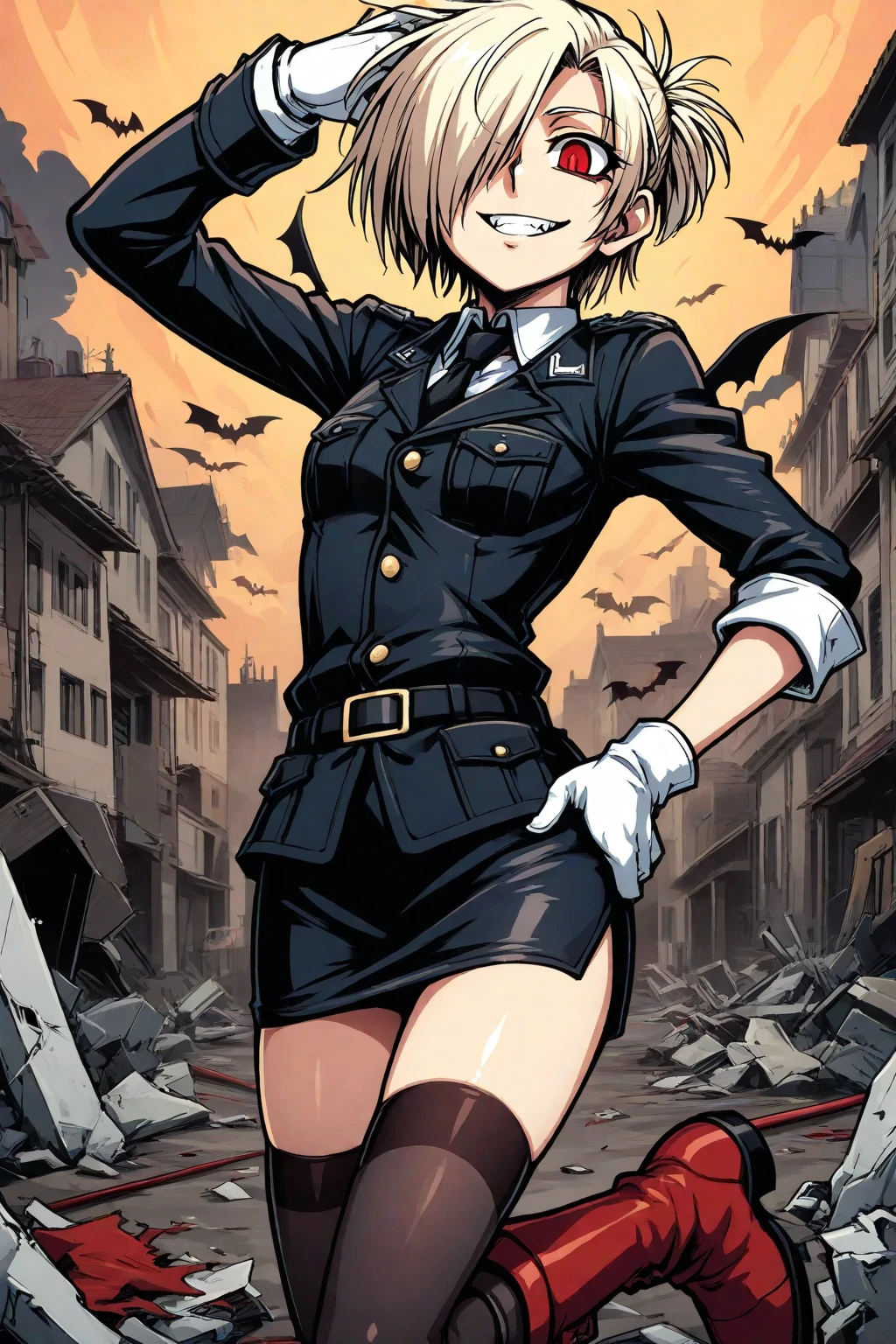 girl vampire in military uniform red, light hair, rolled up sleeves, slim short skirt, short anime hairstyle, square eyes, one eye covering hair, white gloves, red boots and high stockings, medium  shape, the shape of the good fits her slender figure and tight ,  light smile , on the left shoulder of the emblem "Hellsing", behind the destroyed houses and bodies of soldiers in black uniform
