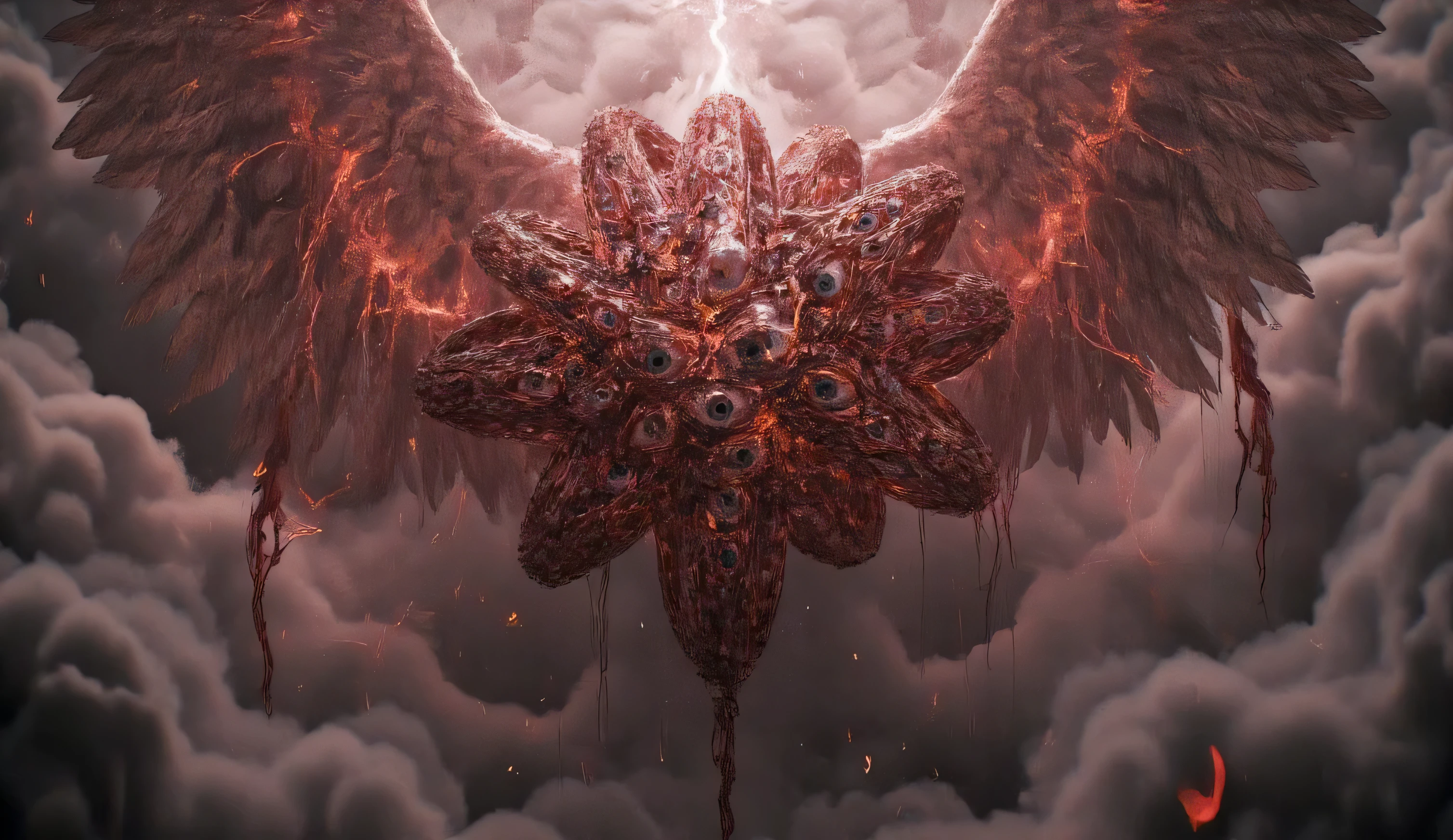 a creepy biblical angel. Wheels inside wheels, studded with eyes. a black creepy creature. blood-red eyes. crimson lightning Black
clouds. bloody lighting. blood rain. horror.