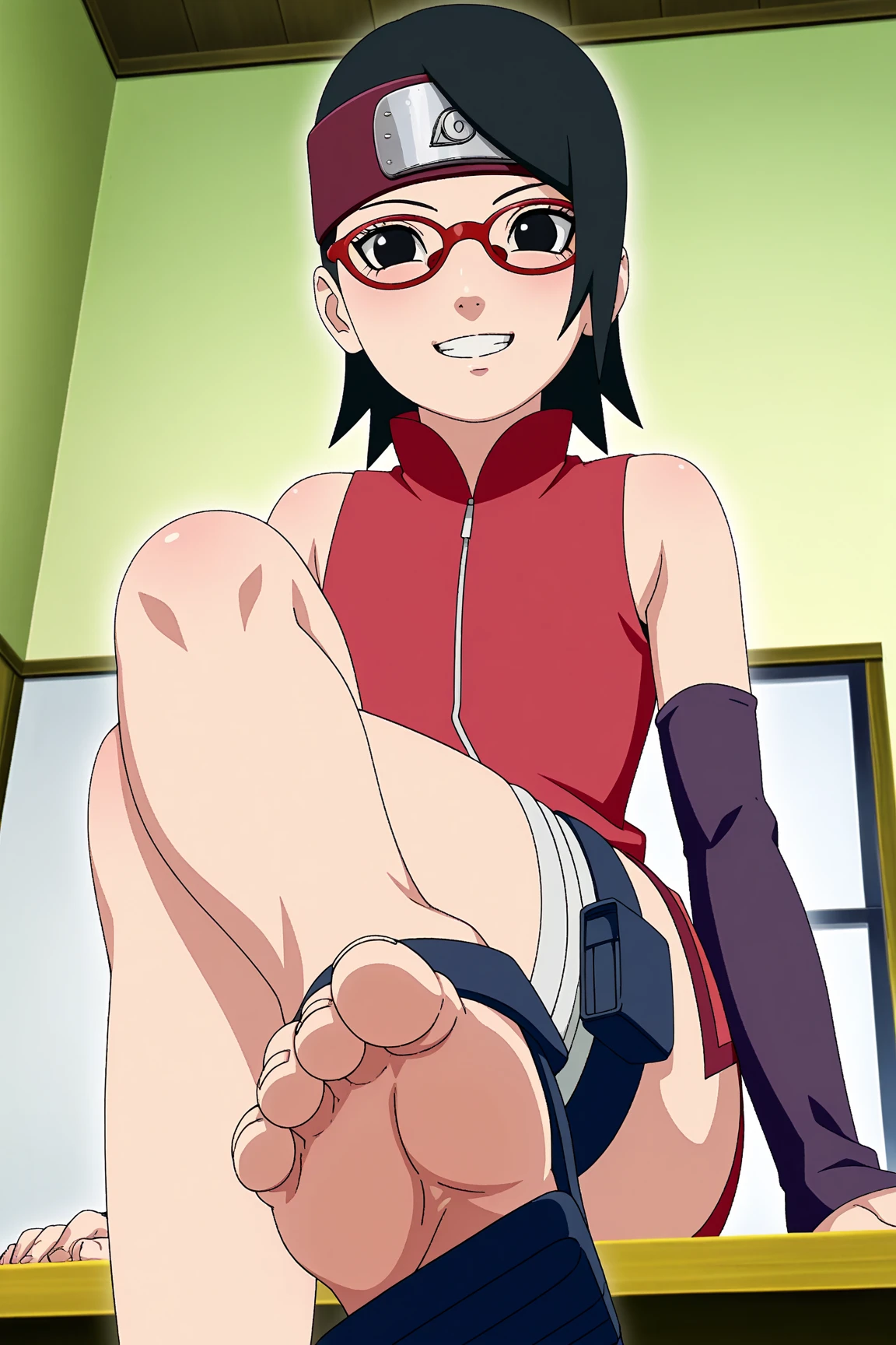 tennis girl's massive vagina out of bottomless spaghetti strap tank top out bare and wet boots spreading her legs, gloved hands hidden behind head, blindfold