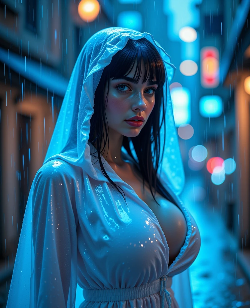 ((full body)), (((posing, sexy pose, alluring pose 1.1))), (Best Quality,High Definition:1.2),Ultra detailed,realistic,Portrait, beautiful girl with gorgeous glowing blue eyes, gothic makeup, ( (big breasts)), big tits, ((covered nipples)), no underwear, revealing clothes, ((white button-down shirt)), (((black miniskirt))), ((luscious thighs)), in the rain, ((wet clothes)), street at night. (Best Quality, 4k,8k, High Definition, Masterpiece: 1.2), Ultra Detail, (Realistic, Photorealistic, Photorealistic: 1.37), Dramatic Lighting, Cinematic Lighting, Moody Atmosphere, Dark and Gritty, Dramatic Contrast, Rich Colors, Neon Lights, rain effects. (Perfect details:1.1), (beautiful and clear background:1.2), (Extremely detailed CG, Ultra detailed, best shadow:1.1), (perfectly detailed beautiful eyes), , close-up, cinematic lighting, vibrant colors, photorealistic, concept art style, high quality, 8K, HDR, physical rendering, extreme detail, blur, depth of field, blurred foreground,