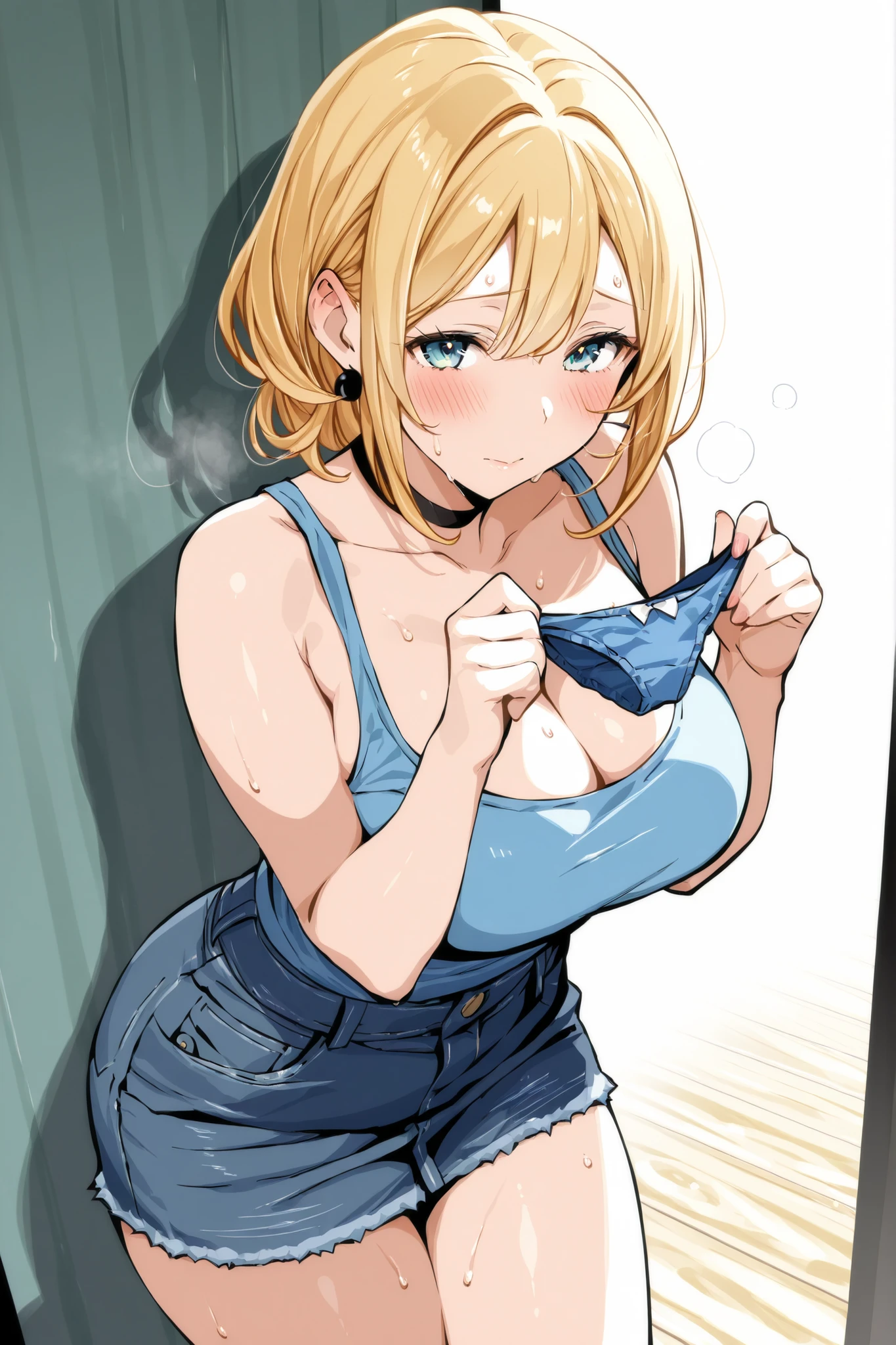 Gold hair、bob hair、tank top、denim skirt、masterpiece、newest、lively、is very aesthetic、high contrast、((higheSt quality, maSterpiece))、Mature Woman、cute、clotheS for 40'S、holding pantieS、blush、sweat、shame、smell、Road Ground、sense of repulsion、