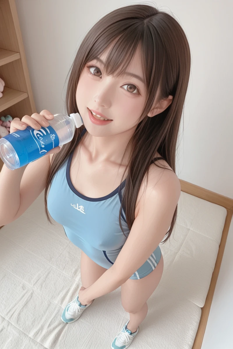 Beauty、Nipples、Bulge、(best quality) Detailed sportswear girl, spread legs, wearing a short black leggings and sports bra, showing fat vagina, highlighting the slight abs, showing pubic hair aggresibily, cute japanese idol, putting dildo in vagina