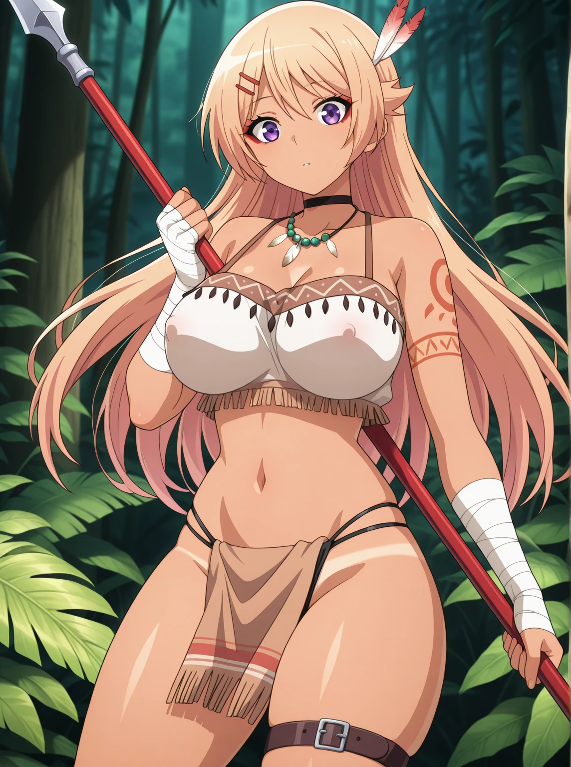 (Tabletop, Highest quality:1.2), Cowboy Shot, alone, One Girl, Mireille, (blush:1.1), Embarrassing, View your viewers, Place your hand on your chest, Circlet, Bikini Armor, Pelvic Curtain, Thighs Thighs Thighs Thighs, jewelry, bracelet, choker