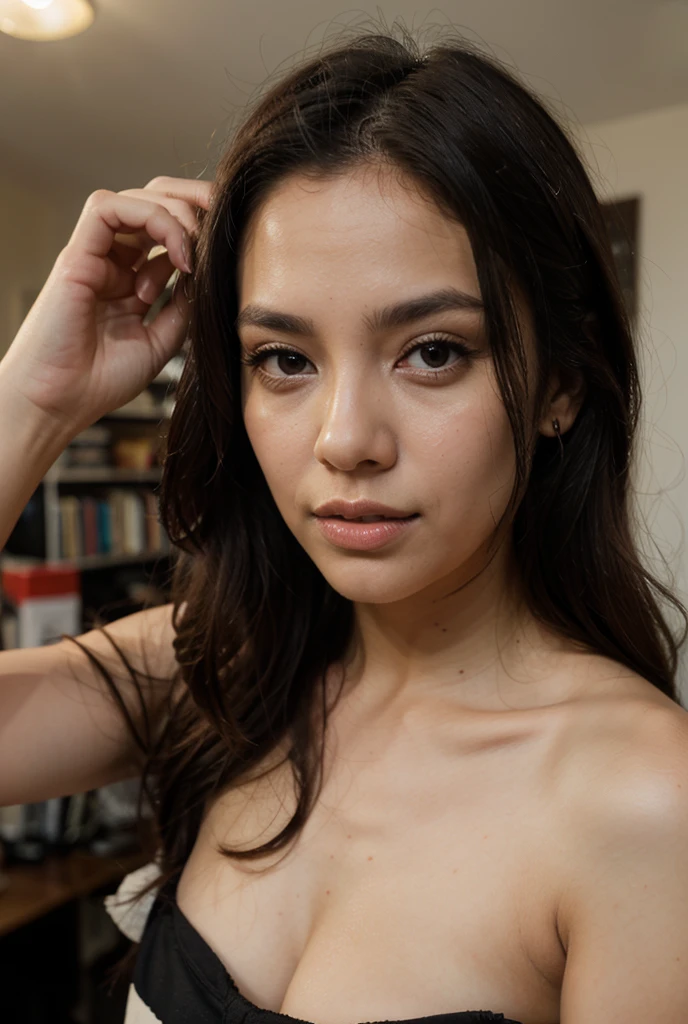 ((Masterpiece, Best quality, 8k, 18 years old, Raw photo, smile, smile, pure)), medium breasts, cleavage, eye contact, open waist, dark brown hair, ombre, sexy legs, offshoulder, Bring your chest together, sharp focus:1.2, high heels, choker, ((ombre)), colorful, open waist, slender, perfect body, perfect legs, bright colors, highly detailed background, laces, (random hairstyles:1.2), braided hair, complementary colors, (clear:1.2, beauty:1.4, slim abdomen:1.2, small breasts:1.2, fit:1.5), Smile, Cleavage, Open waist, Offshoulder, Smile, High heels, Sexy legs, Tall legs, Perfect legs, Necklace, Pure, Choker, Perfect body, Instagram model, Highly detailed facial and skin textures, Detailed eyes, Double eyelid (photorealistic:1.4, clear:1.2, beauty:1.4, slim abdomen:1.2, small breasts:1.2, fit:1.5, random hairstyles:1.2), ((open waist)), full body, laying down on bed, A beautiful girl chooses an elegant off-the-shoulder velvet dress with a thigh-high slit, silky hair, realistic image. Dynamic composition, motion, ultra - detailed, incredibly detailed, a lot of details, amazing fine details and brush strokes, smooth, no bra