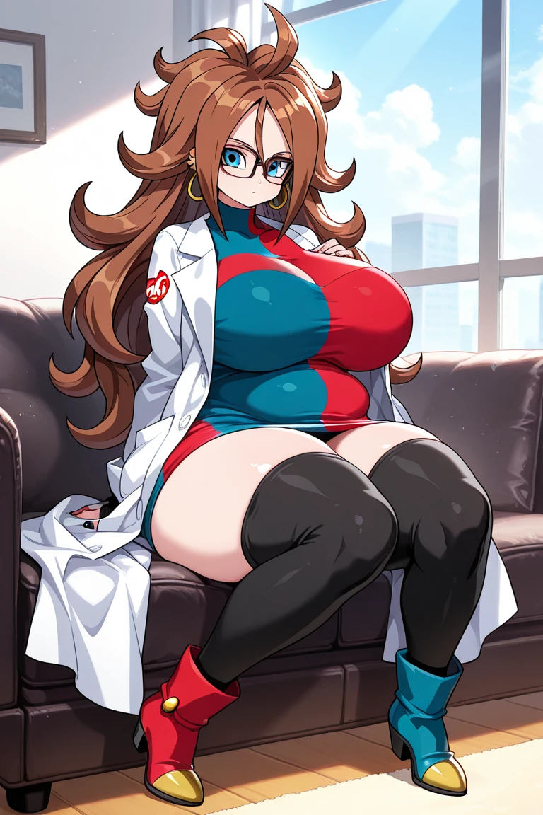 (defa21, glasses, checkered dress, labcoat, black pantyhose, asymmetrical boots,blue eyes, by the chestnut, vestido a cuadros, calentadores de brazos, pantimedias negras, Asymmetrical boots, nsfw,+18,(pecho enorme,pechos grandes:1.1)